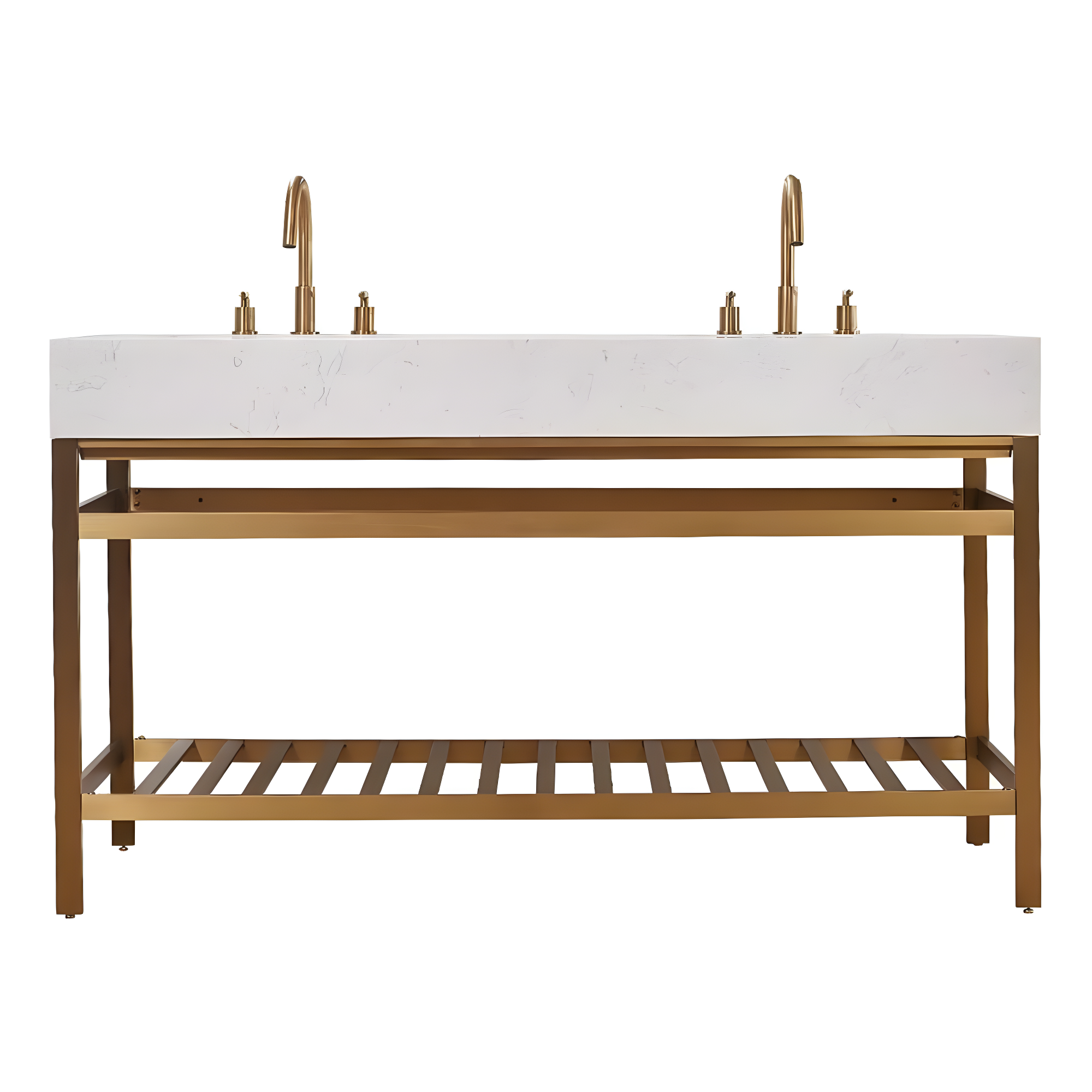 Merano 60" Double Stainless Steel Vanity Console in Brushed Gold with Aosta White Stone Countertop without Mirror