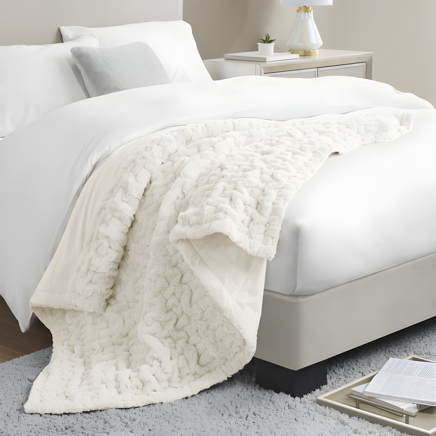 Madison Park Ivory Ruched Fur Throw 50x60"