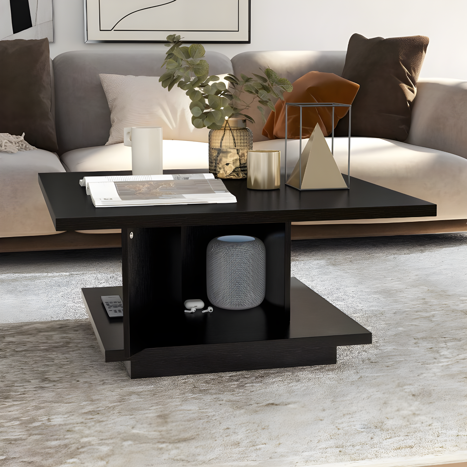 24/7 Shop At Home Traci 31" Contemporary Square Coffee Table with Hidden Storage Black: Modern Living Room Furniture