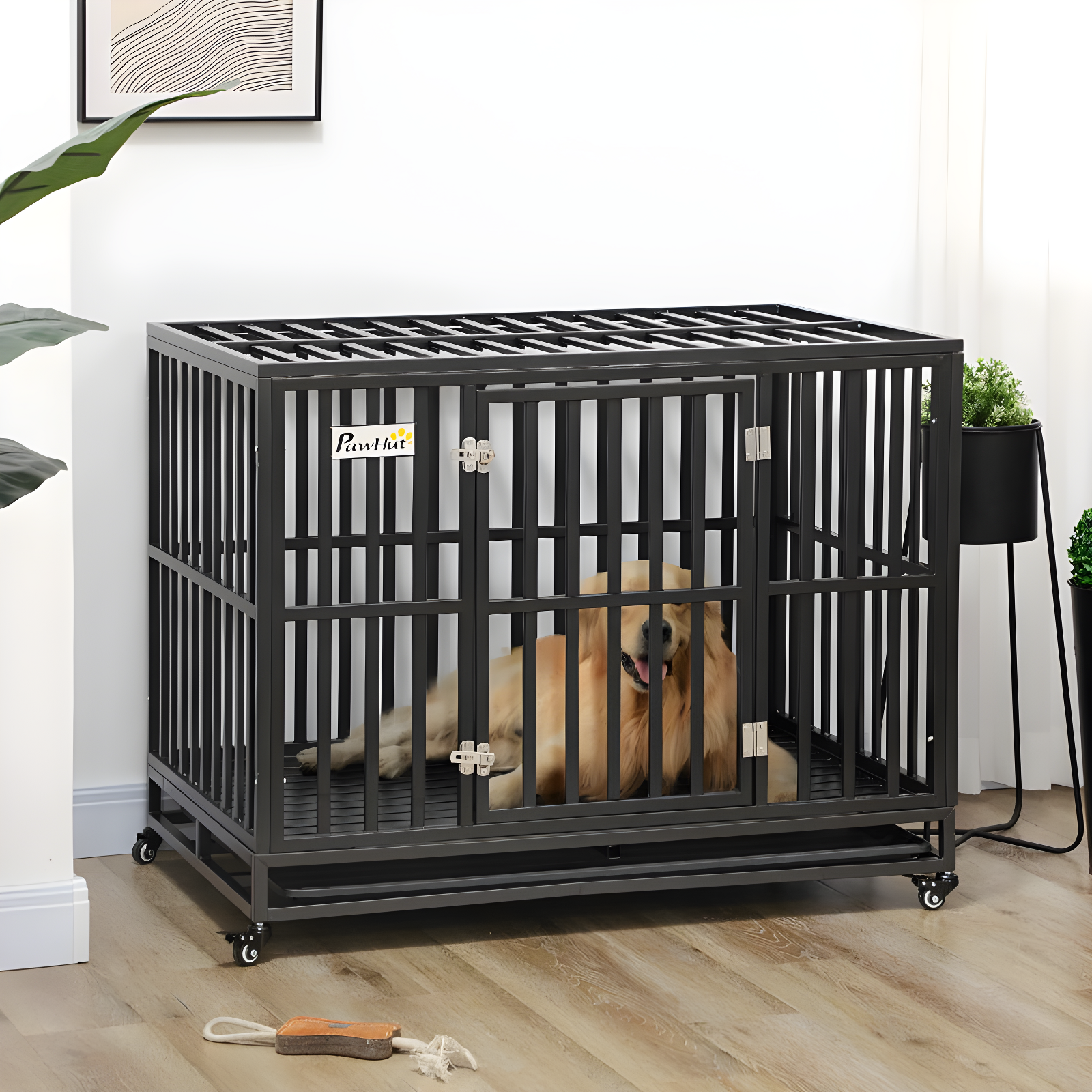PawHut 44" Heavy Duty Dog Crate Metal Kennel and Cage Dog Playpen with Lockable Wheels, Slide-out Tray and Anti-Pinching Floor