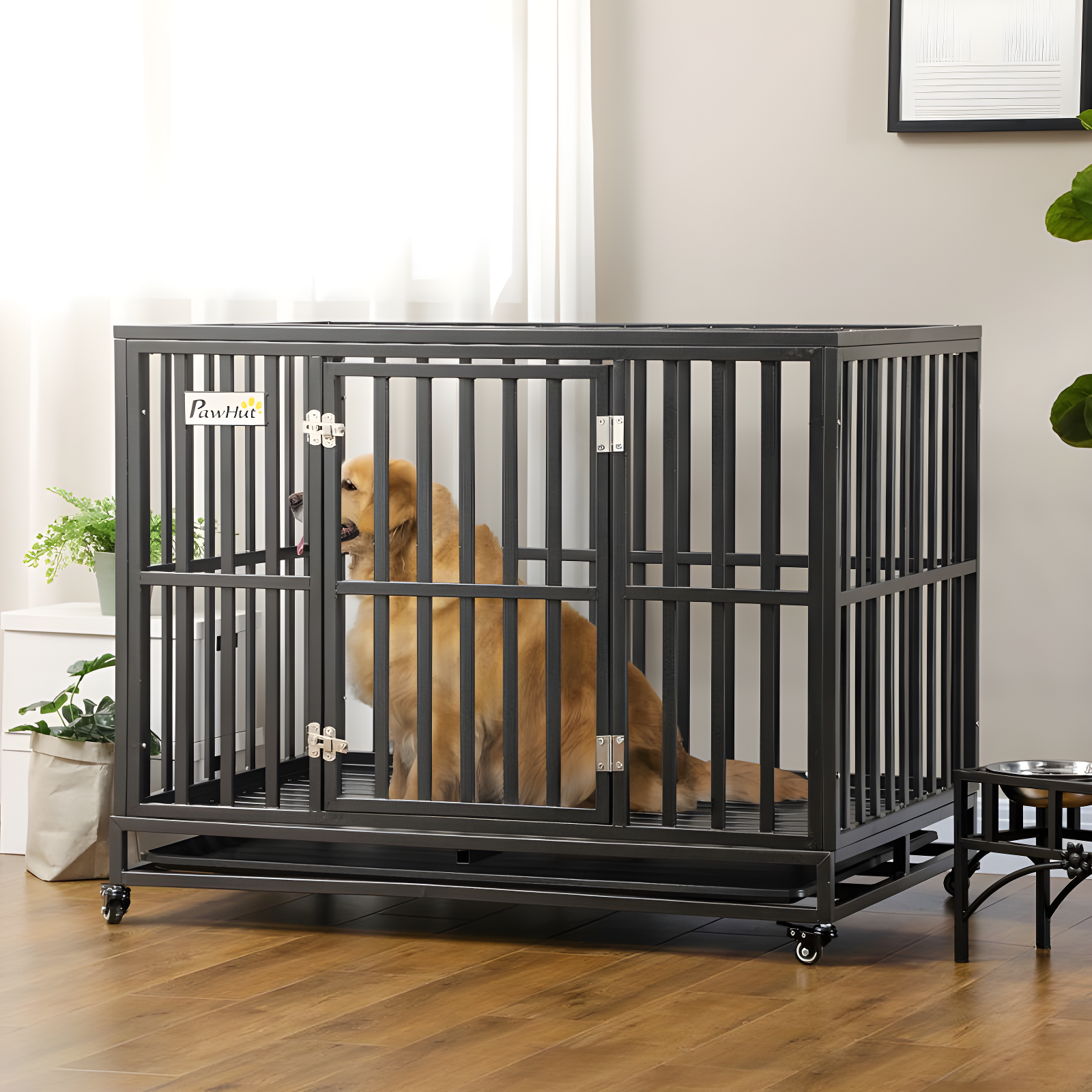 PawHut 44" Heavy Duty Dog Crate Metal Kennel and Cage Dog Playpen with Lockable Wheels, Slide-out Tray and Anti-Pinching Floor