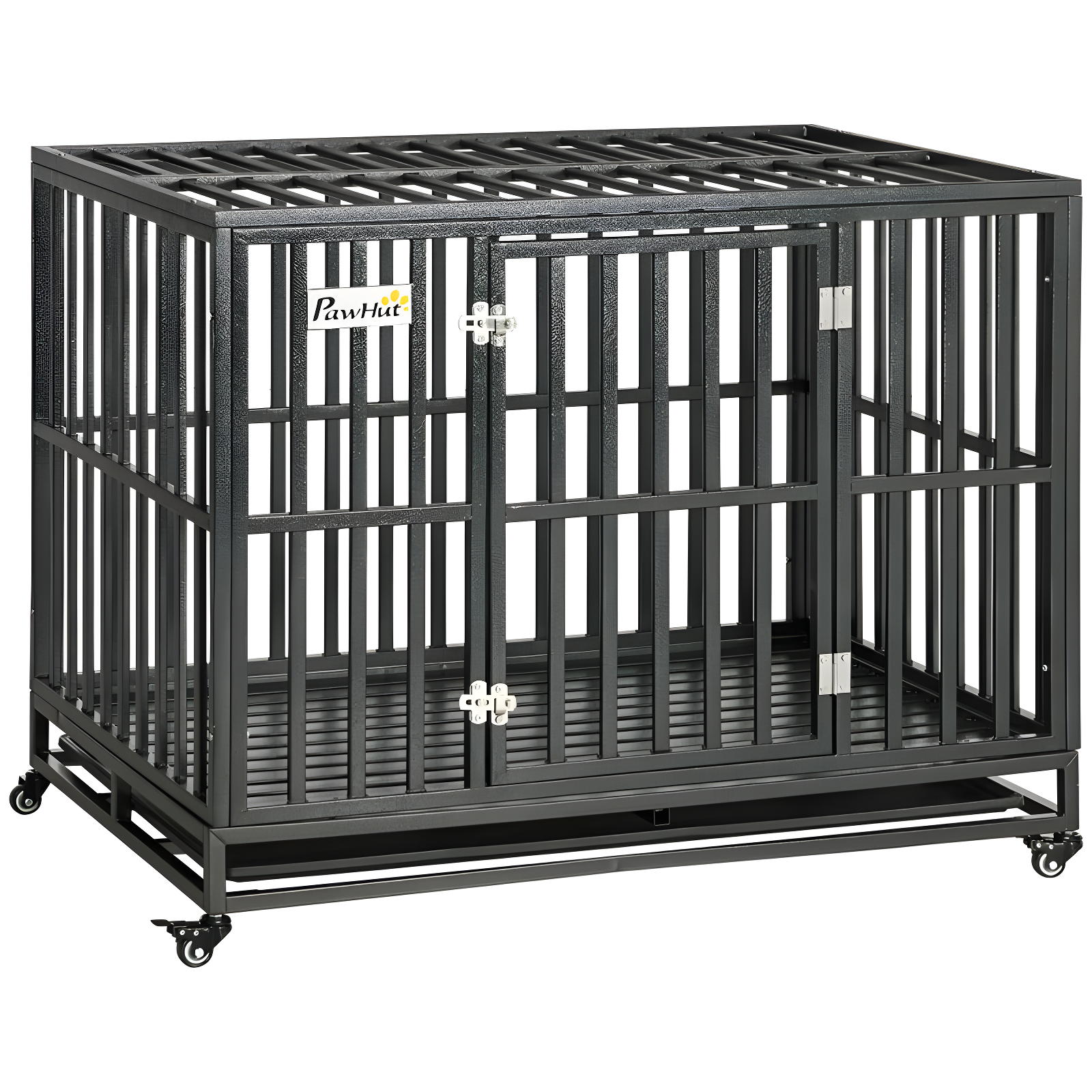 PawHut 44" Heavy Duty Dog Crate Metal Kennel and Cage Dog Playpen with Lockable Wheels, Slide-out Tray and Anti-Pinching Floor
