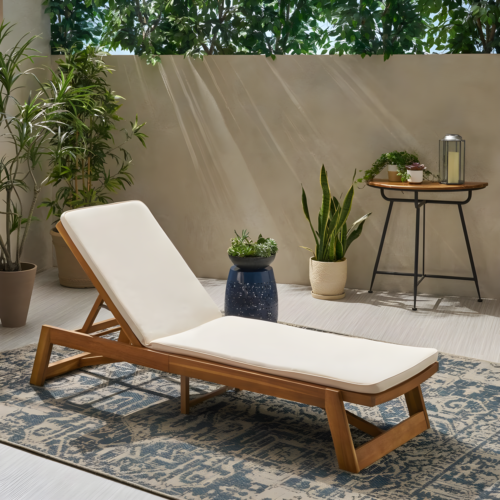 Noble House Maki Acacia Wood Patio Chaise Lounge in Teak/Cream Cushion