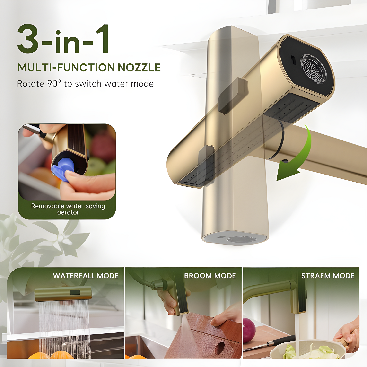 Waterfall Kitchen Faucet with Pull Down Sprayer, Stainless Kitchen Faucet with Sprayer 3 Modes