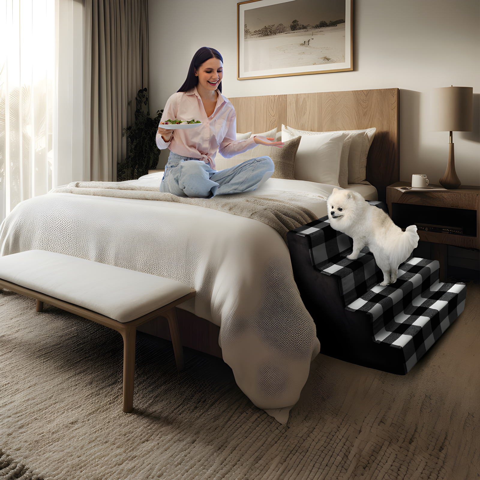 High Density Plaid Foam 4 Steps Pet Dog Stairs