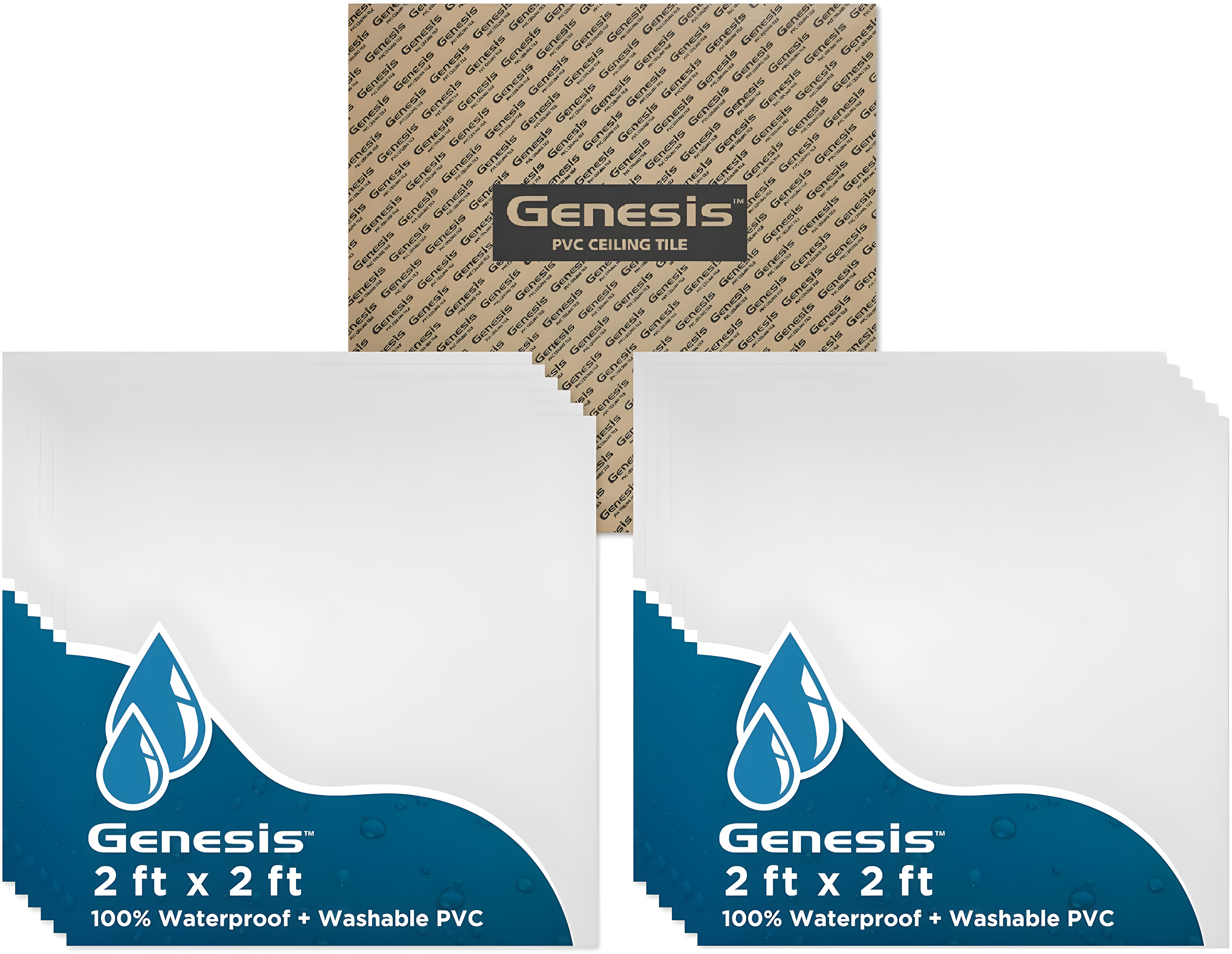 Genesis 2’ x 2’ Smooth Pro (12 Pack) Waterproof, Fire-Rated PVC, Washable, Easy Drop-In Installation, White Solid Through Color