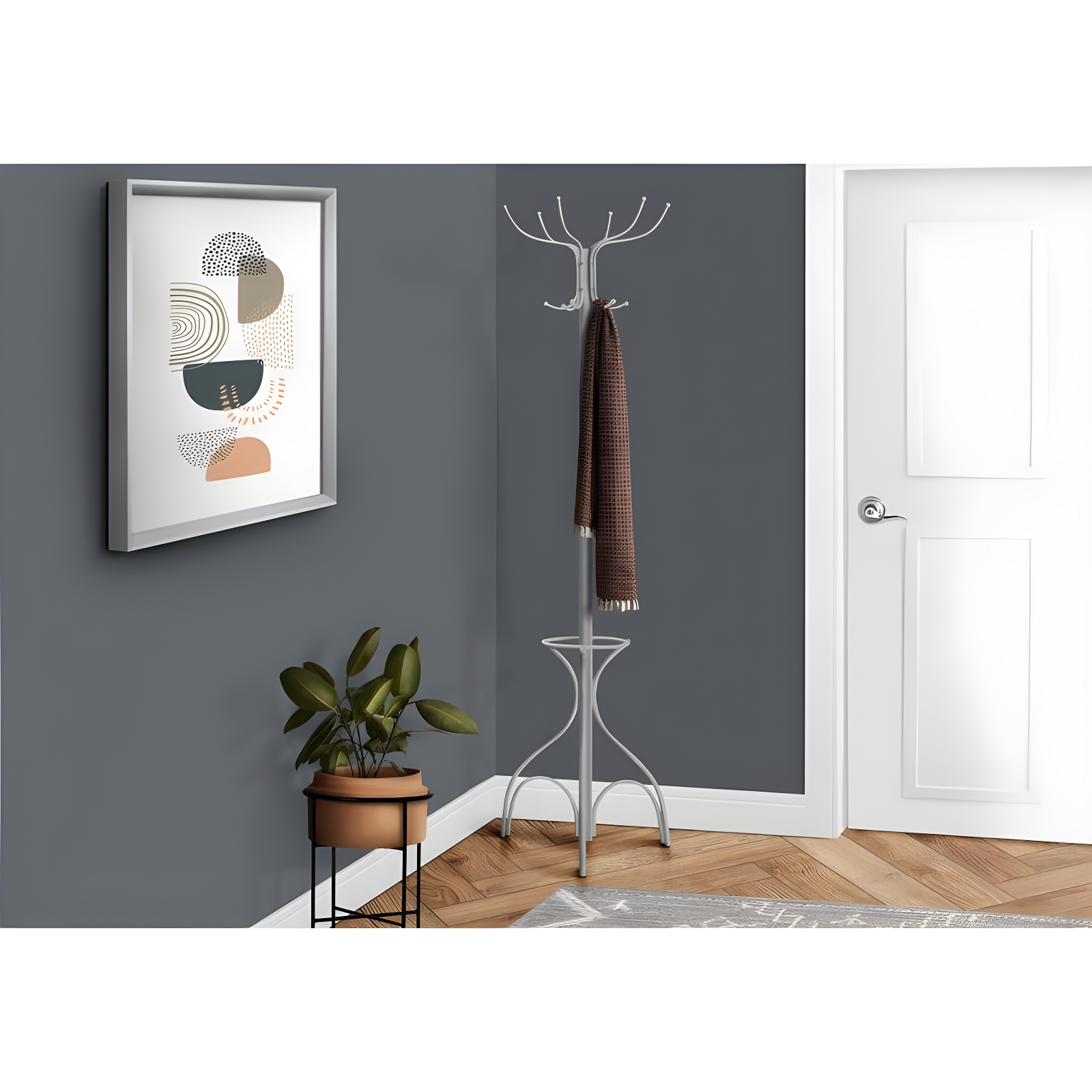 EveryRoom Coat Rack with Umbrella Holder - Silver Metal: 70" High, 6 Hooks, Metal Frame, Adult Assembly Required