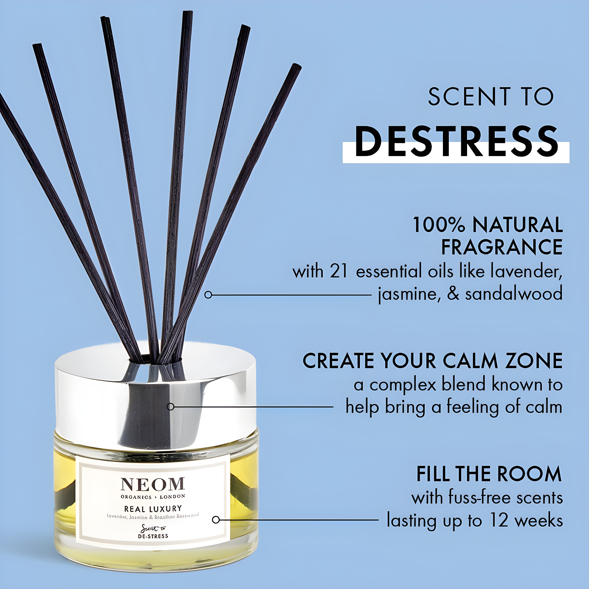 NEOM Real Luxury Reed Diffuser, 3,38fl oz | Lavender, Rosewood & Jasmine Essential Oil Blends | 100% Natural Fragrance | Relaxing Scent |
