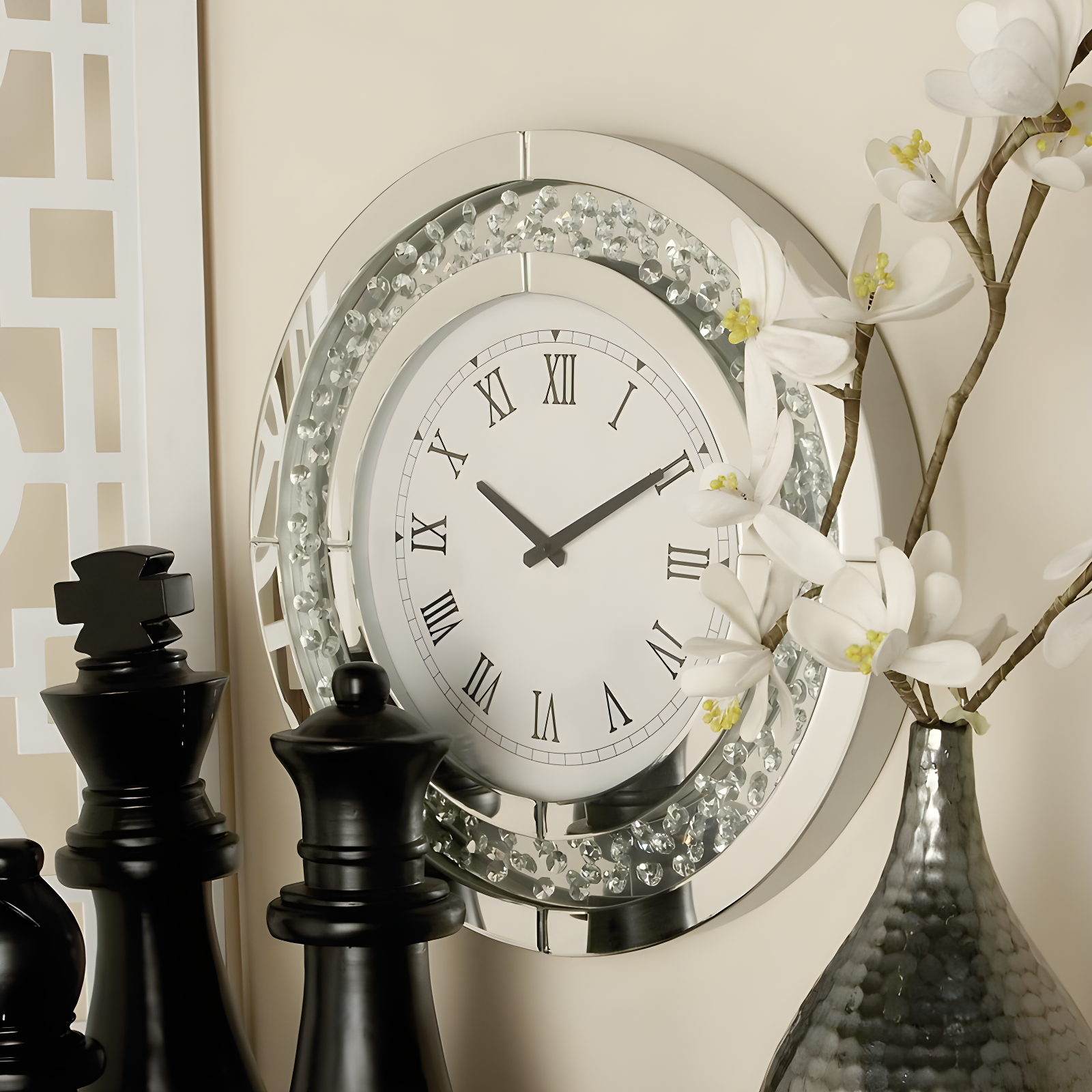 Rosdorf Park Ansonia Glass Mirrored Decorative White Wall Clock with Floating Crystals