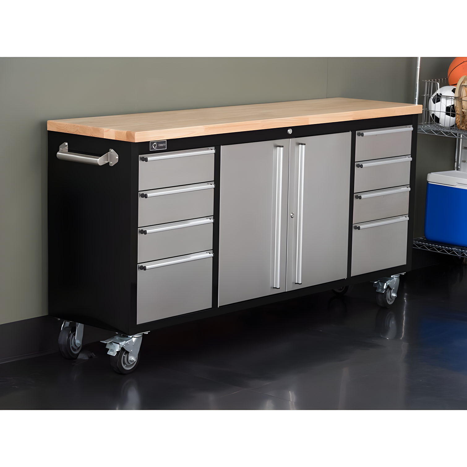 Trinity TRINITY 72 in. W 8-Drawer Black Rolling Mobile Workbench w/ Stainless Steel Face