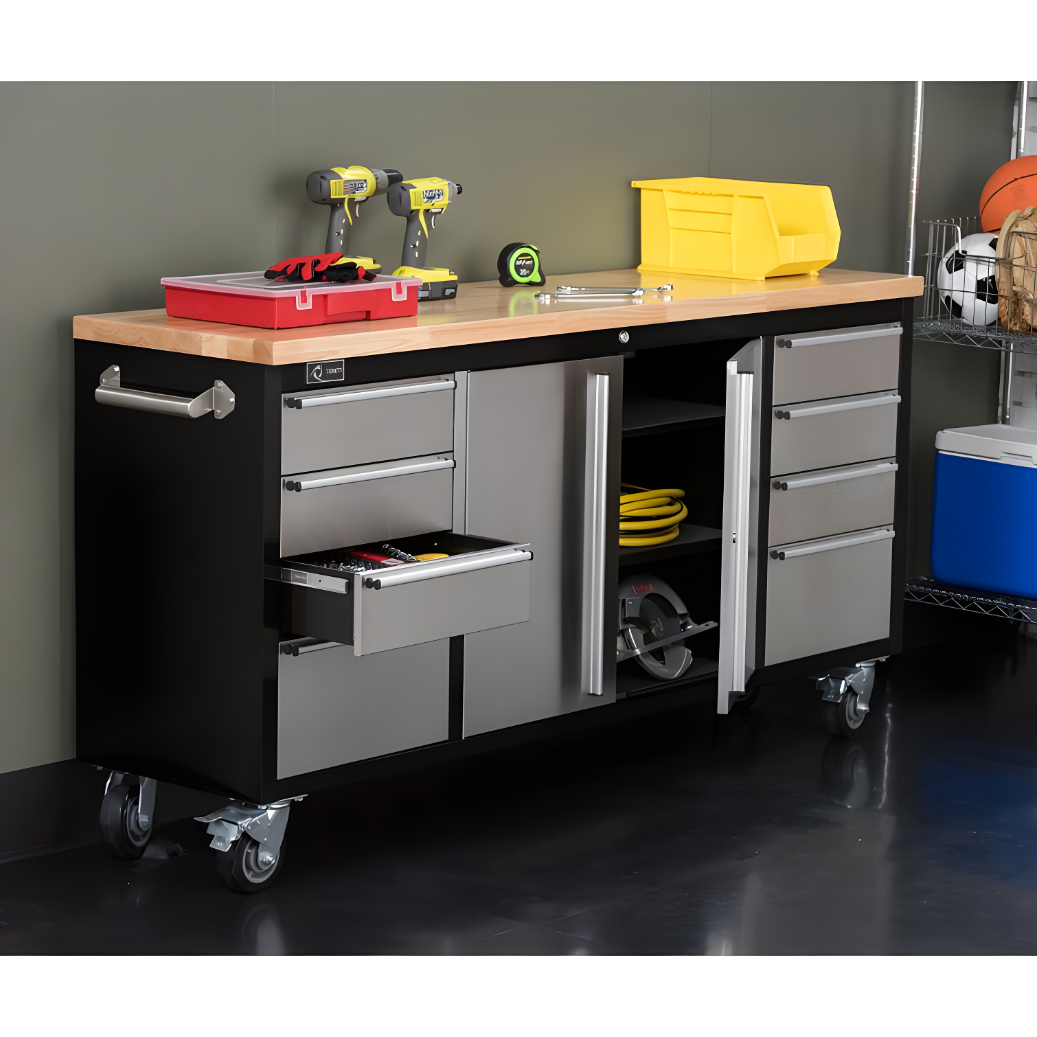Trinity TRINITY 72 in. W 8-Drawer Black Rolling Mobile Workbench w/ Stainless Steel Face