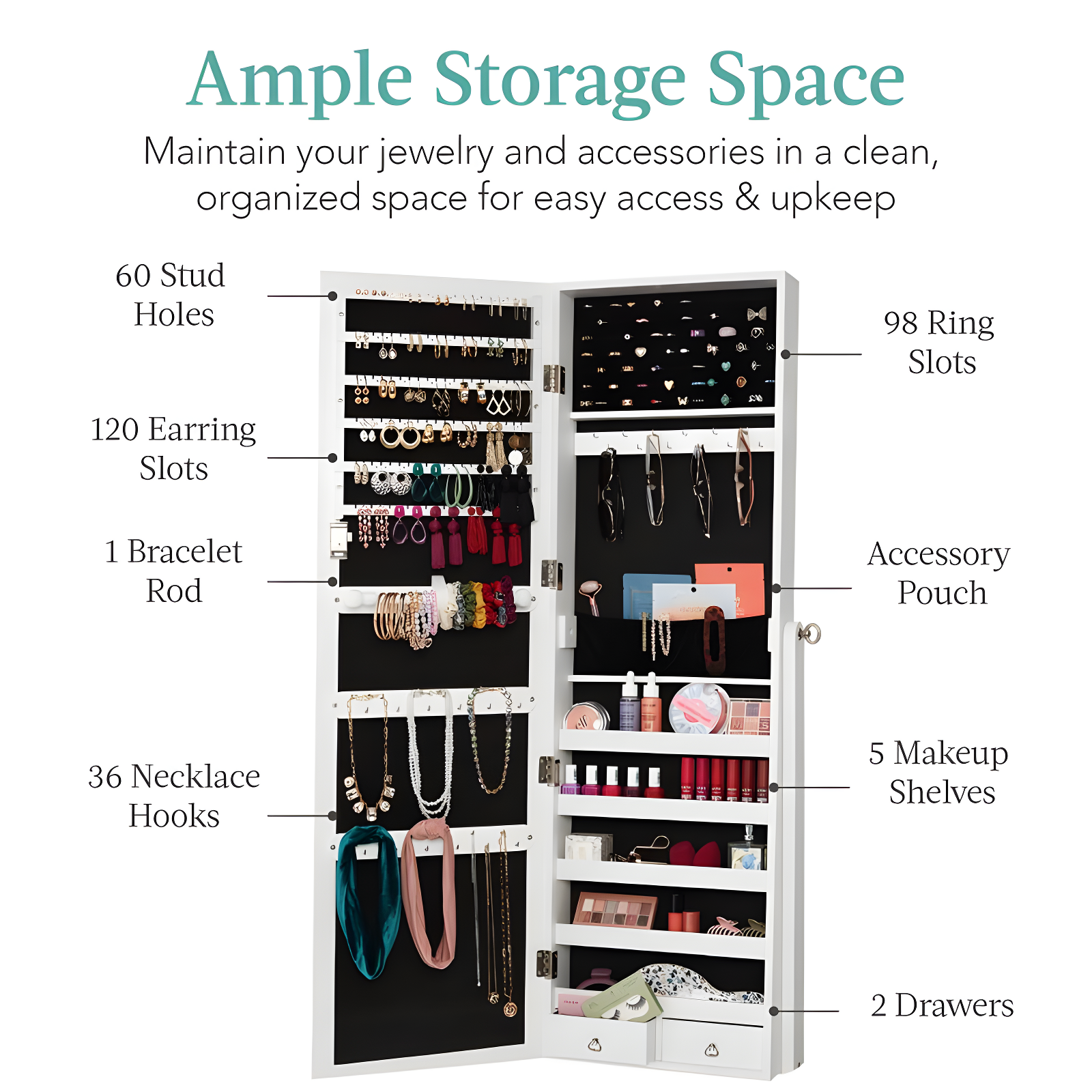 Best Choice Products Jewelry Armoire Cabinet, Full Length Mirror w/ Velvet Storage Interior, Lock - White