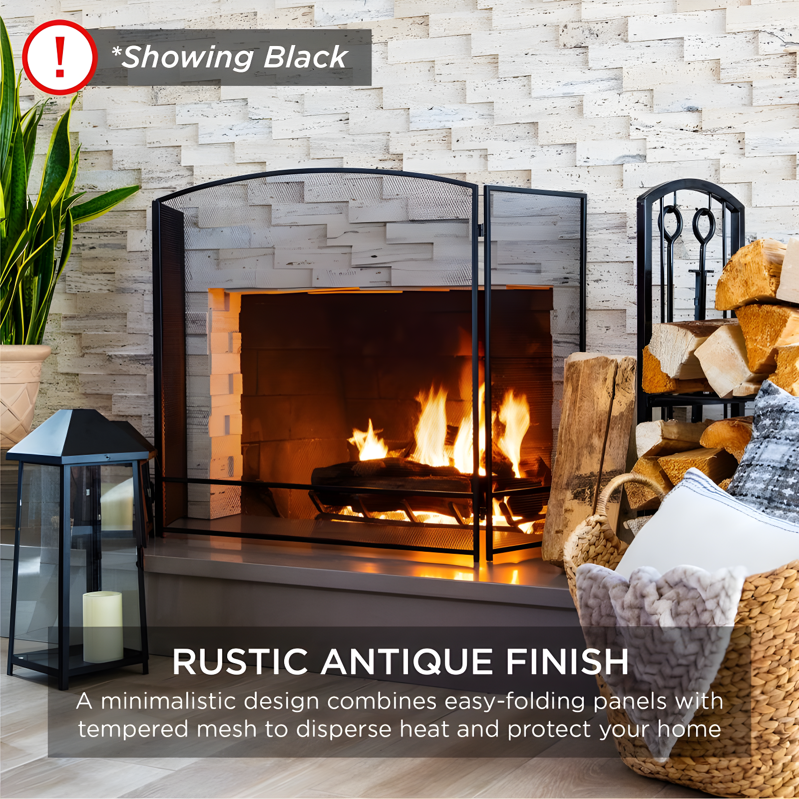 Best Choice Products 47.5x27.25in 3-Panel Steel Mesh Fireplace Screen, Spark Guard w/ Rustic Worn Finish - Black