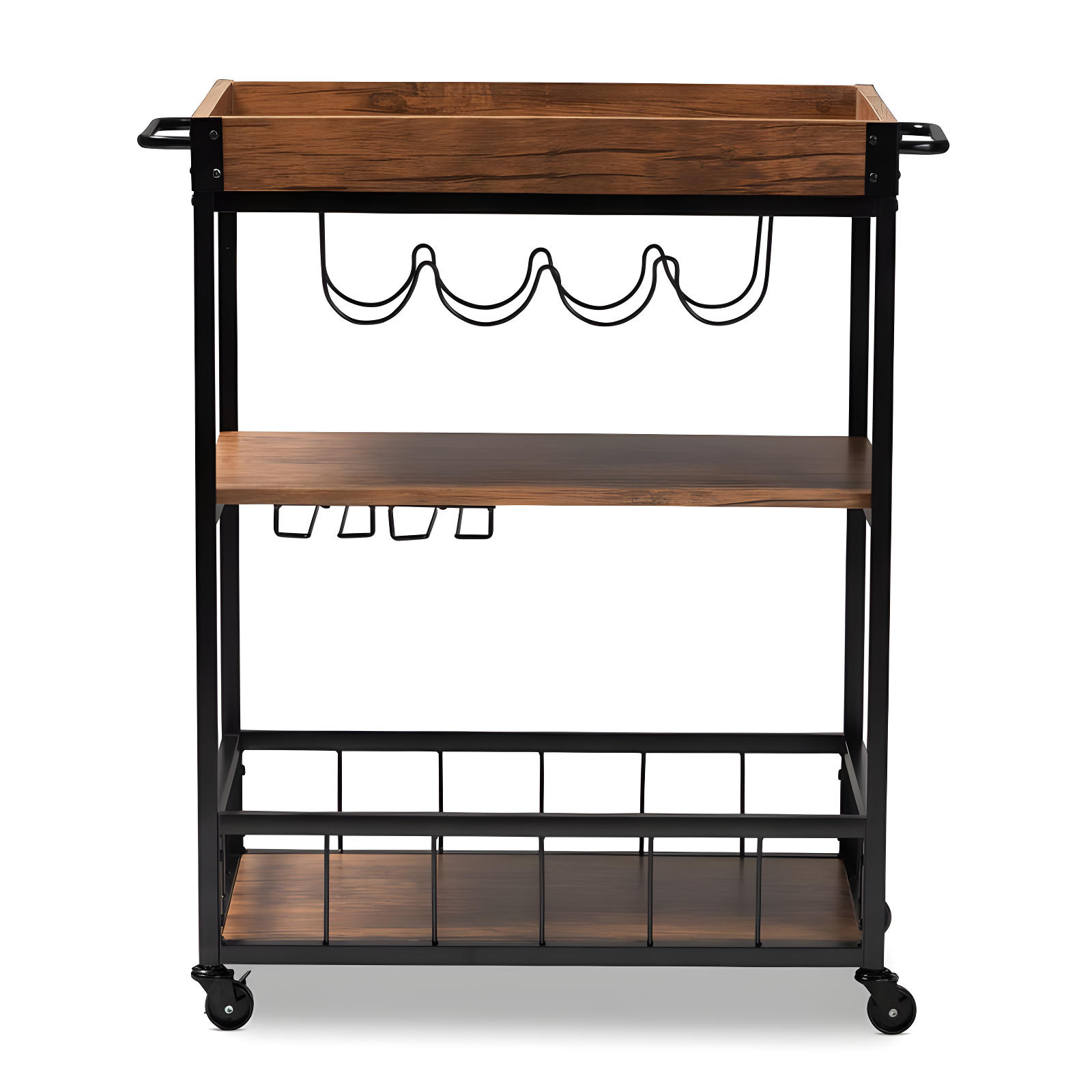 Cerne Oak and Finished Mobile Metal Bar Cart with Wine Bottle Rack Brown - Baxton Studio