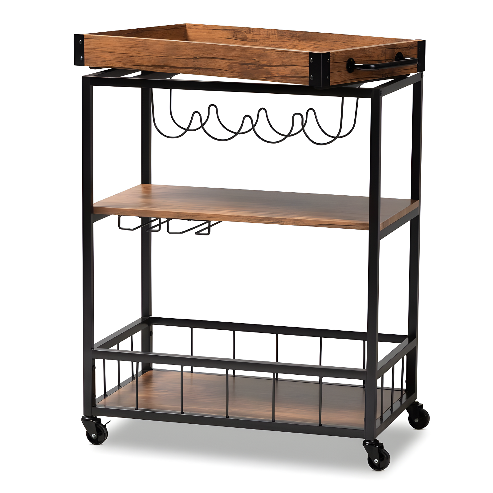 Cerne Oak and Finished Mobile Metal Bar Cart with Wine Bottle Rack Brown - Baxton Studio