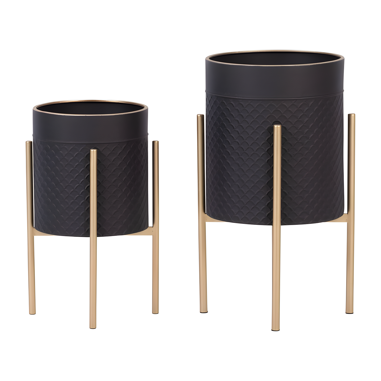 Sagebrook Home 14" Wide 2pc Scales Planter Pot on Metal Stand Black/Gold: Honeycomb Design, No Drainage Holes