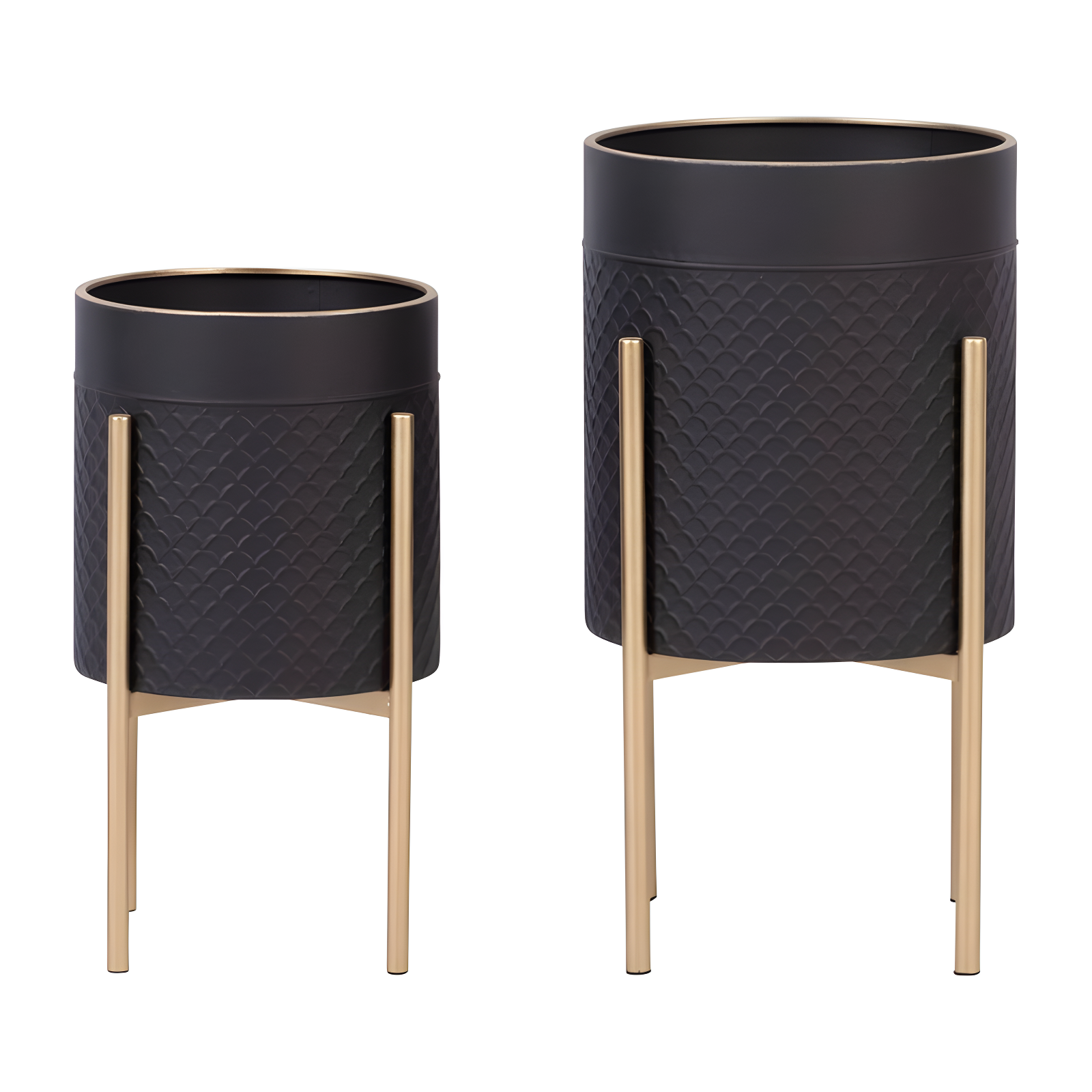 Sagebrook Home 14" Wide 2pc Scales Planter Pot on Metal Stand Black/Gold: Honeycomb Design, No Drainage Holes
