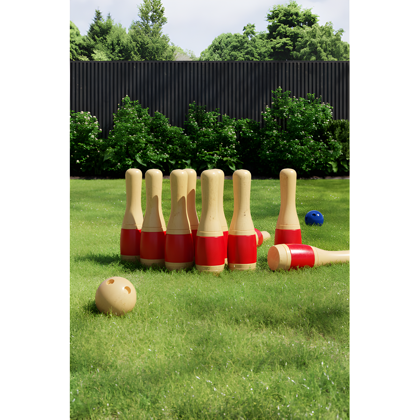 Bowling Set- Indoor and Outdoor Use Includes 10 Wood Pins, 2 Bowling Balls, and Carrying Bag, Red