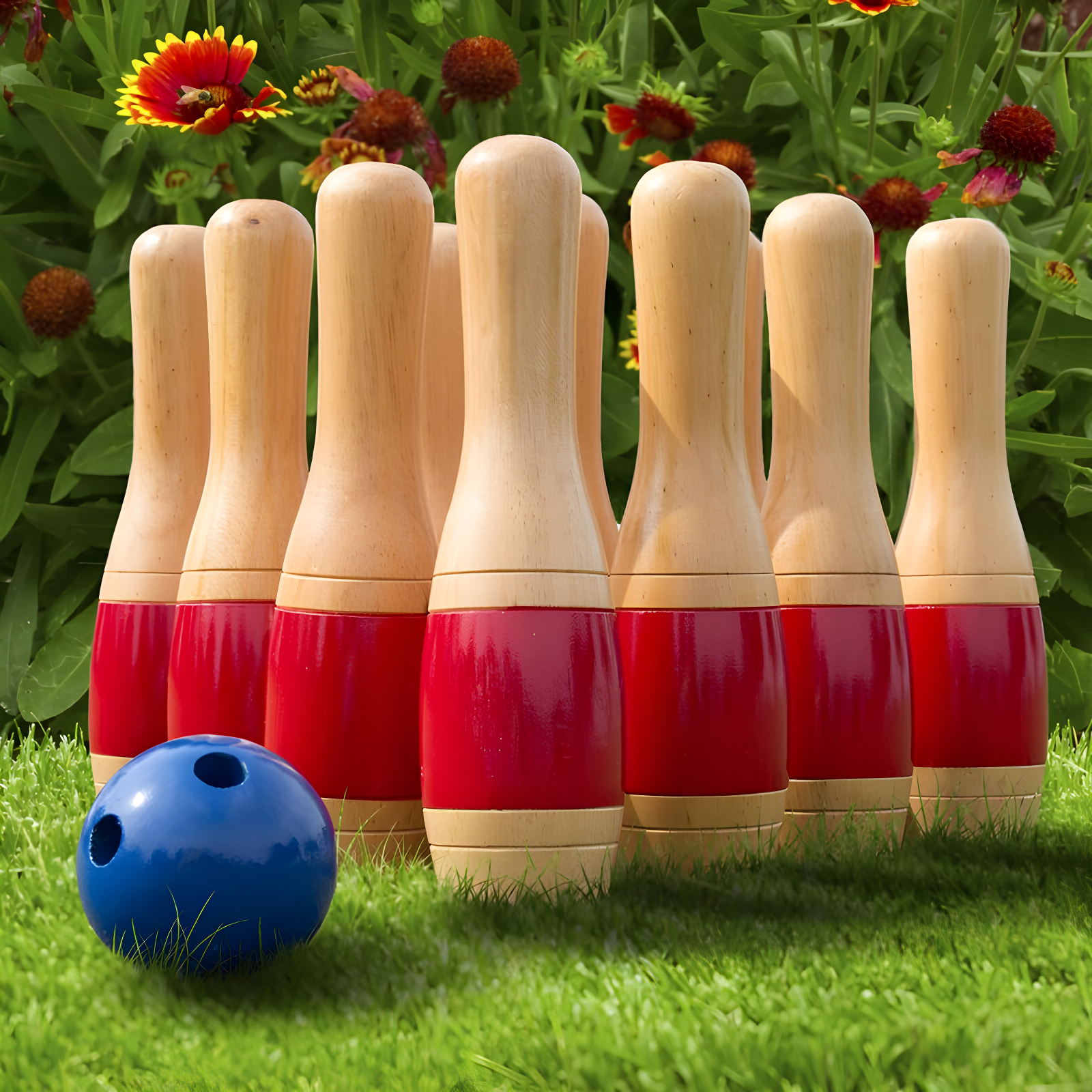 Bowling Set- Indoor and Outdoor Use Includes 10 Wood Pins, 2 Bowling Balls, and Carrying Bag, Red