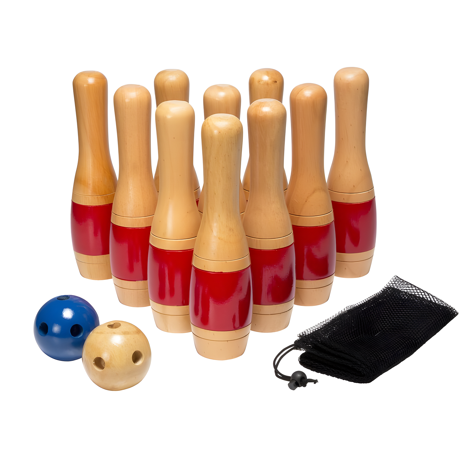 Bowling Set- Indoor and Outdoor Use Includes 10 Wood Pins, 2 Bowling Balls, and Carrying Bag, Red