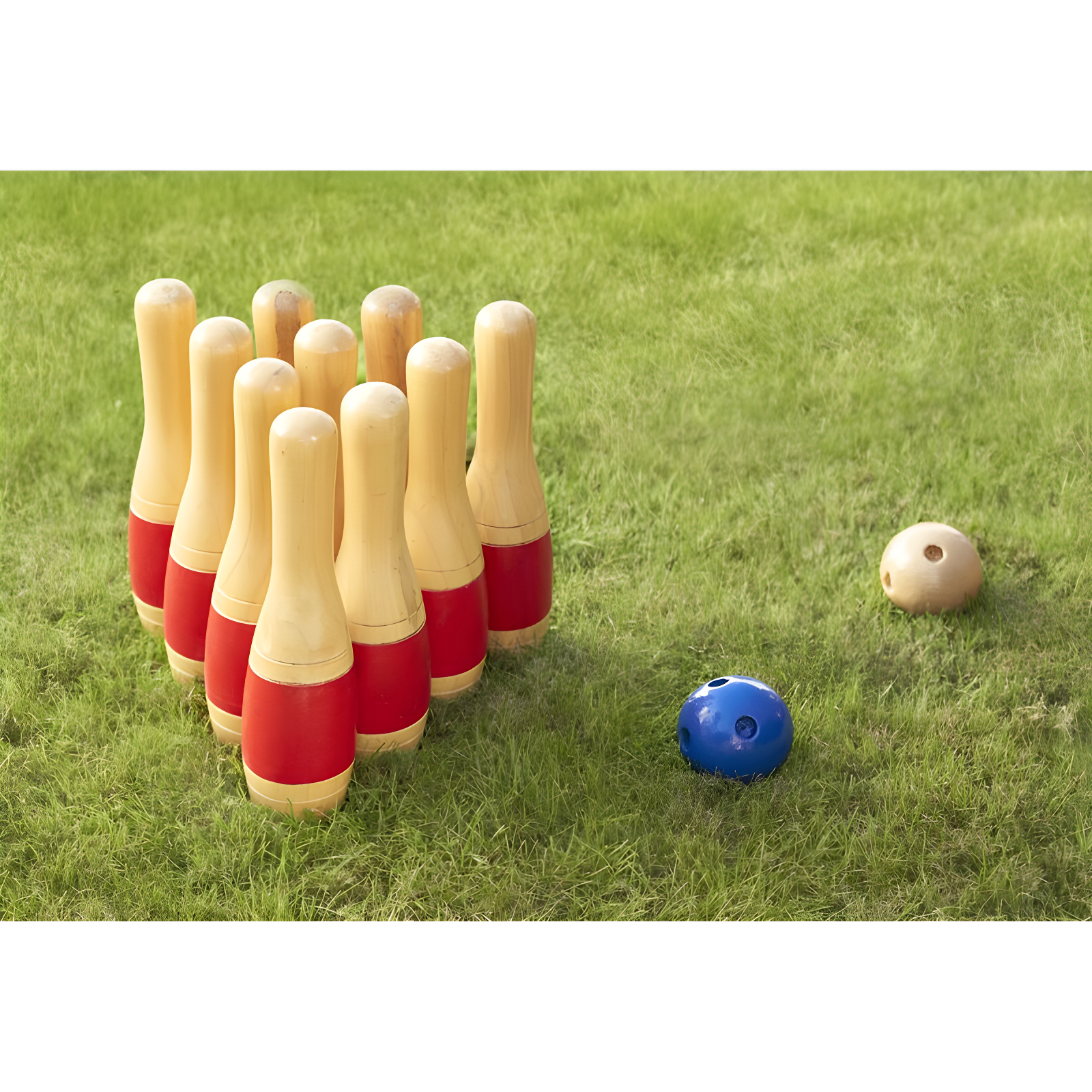 Bowling Set- Indoor and Outdoor Use Includes 10 Wood Pins, 2 Bowling Balls, and Carrying Bag, Red