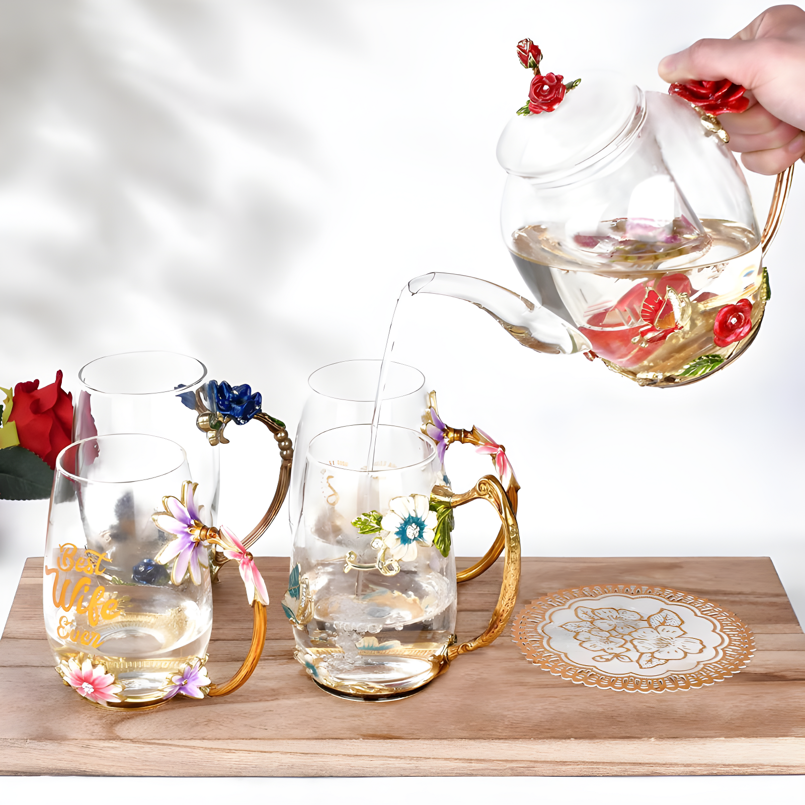 House of Hampton® Enamel Glass Flower Tea Pot With Removable Loose Tea Leaf Infuser Tea Maker Teapot Set 30.4OZ Gifts For Women,Mom,Birthday