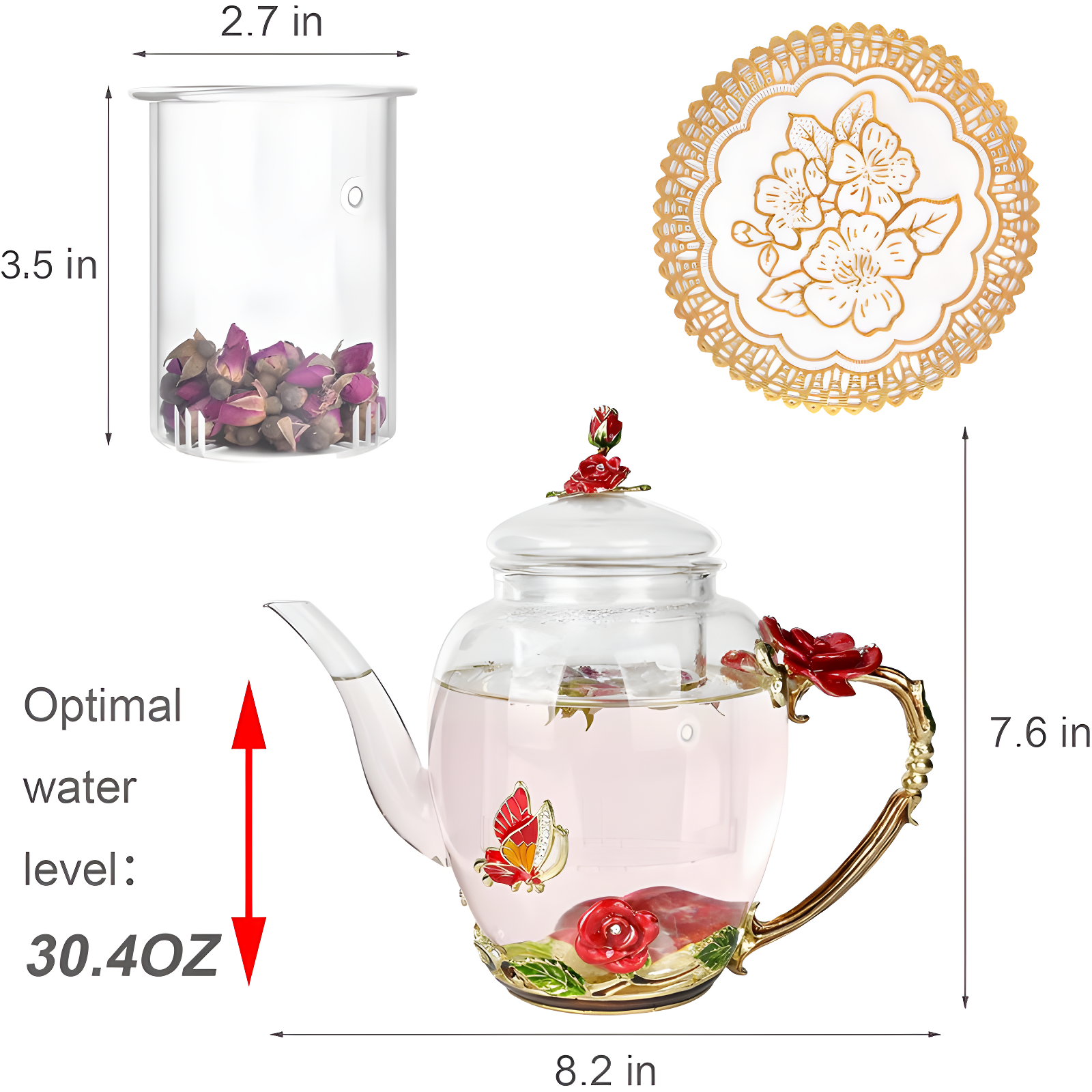 House of Hampton® Enamel Glass Flower Tea Pot With Removable Loose Tea Leaf Infuser Tea Maker Teapot Set 30.4OZ Gifts For Women,Mom,Birthday