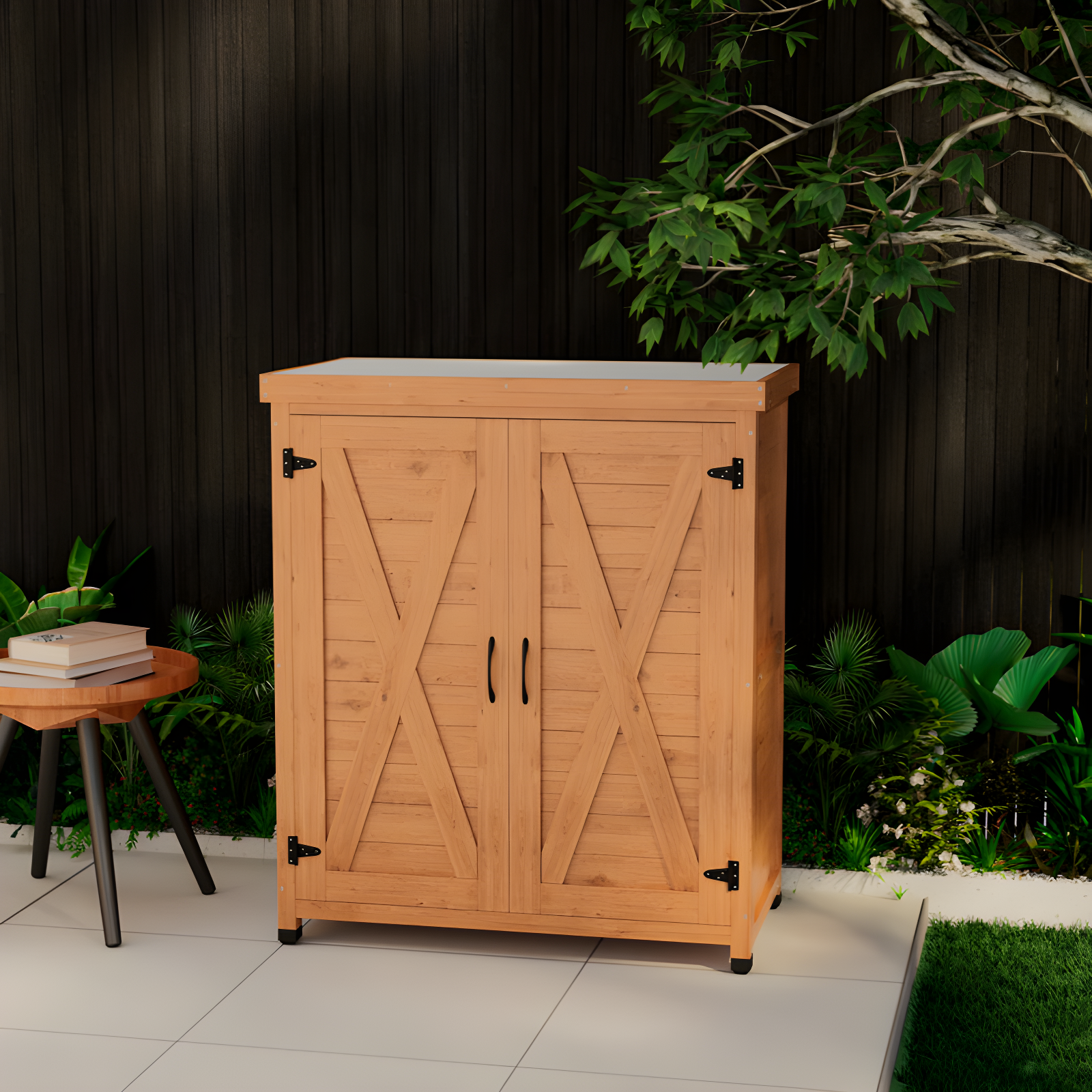Potting Bench With Storage Cabinet And Metal Table Top For Outdoor Patio,Outdoor Work Station Table