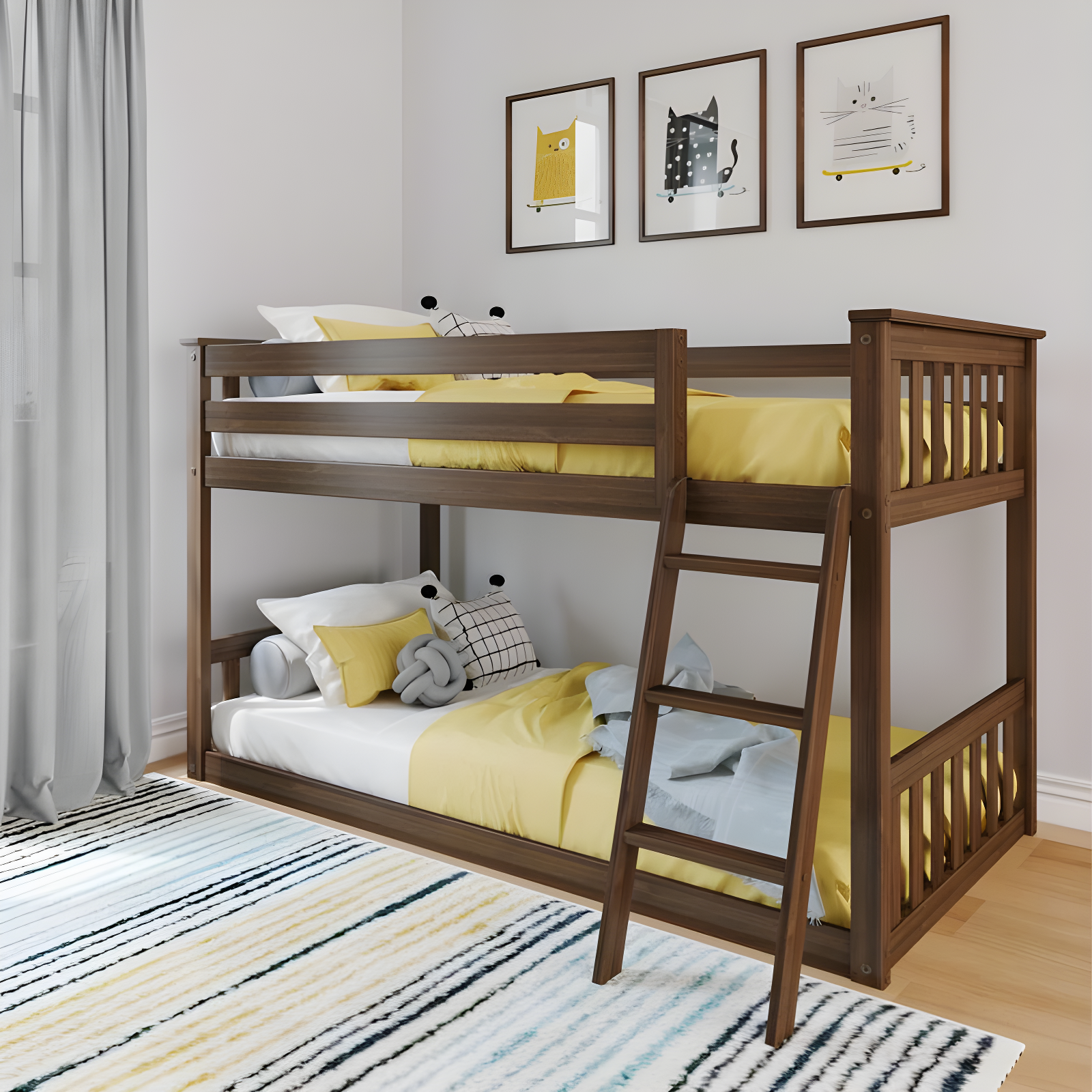 Max & Lily Twin over Twin Bunk Bed for Kids, Solid Wood Low Bunk Beds with Ladder, Walnut