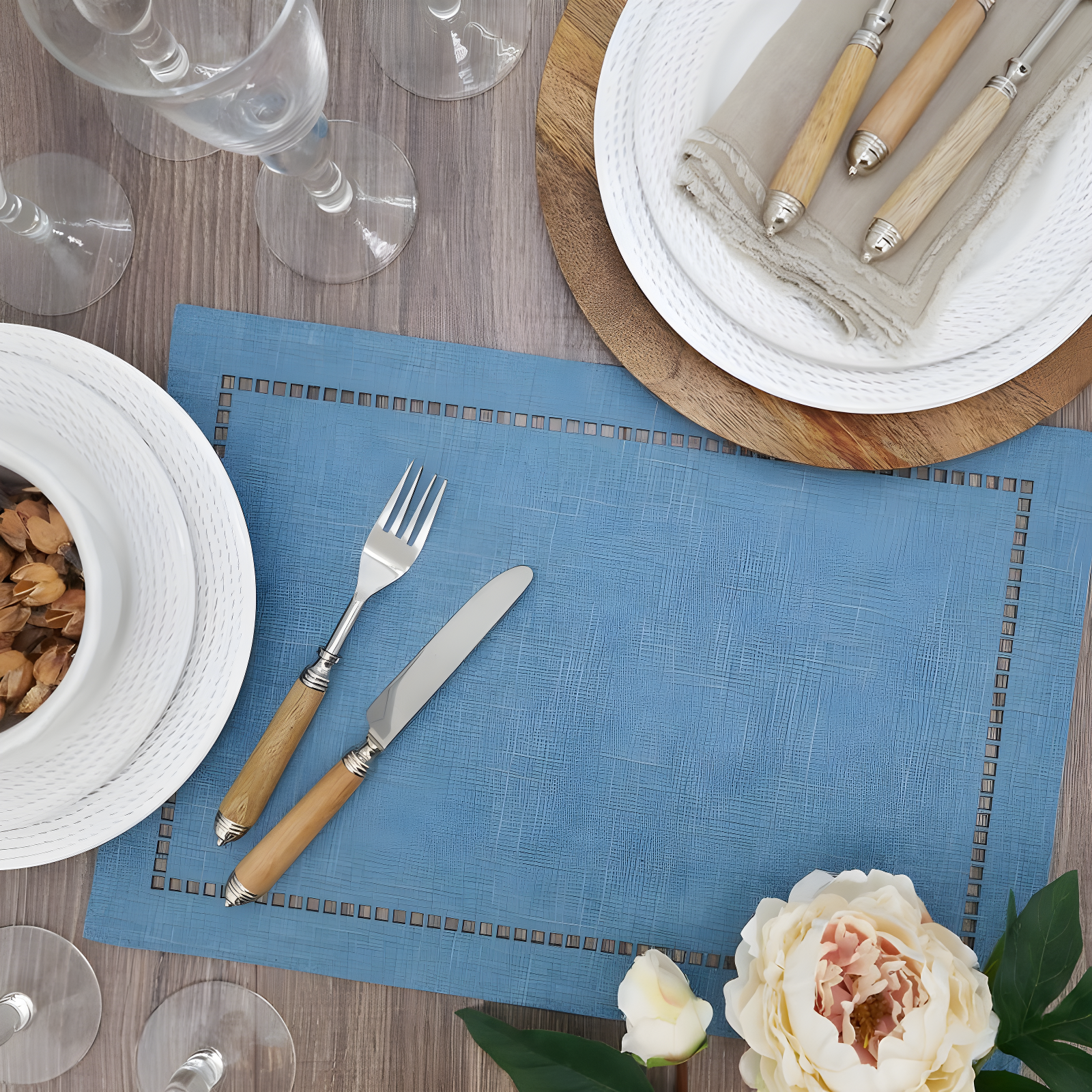 Saro Lifestyle Placemats With Laser-Cut Hemstitch Design, Denim, (Set of 4 pcs)