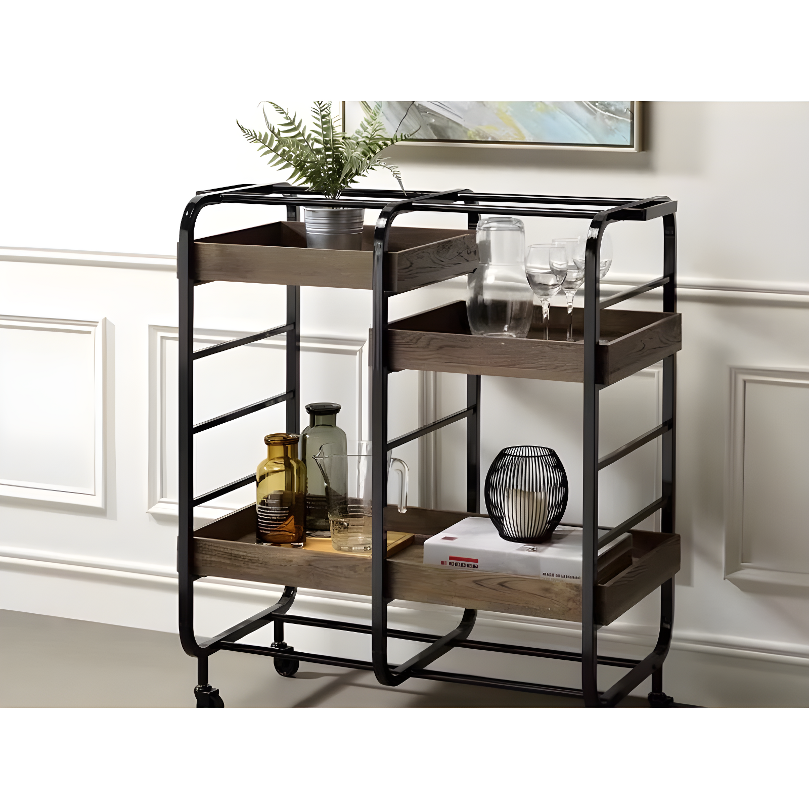 Vorrik Serving Cart Gold/White/Washed - Acme Furniture: Chic Industrial Drink Trolley with Fixed Shelves & Casters