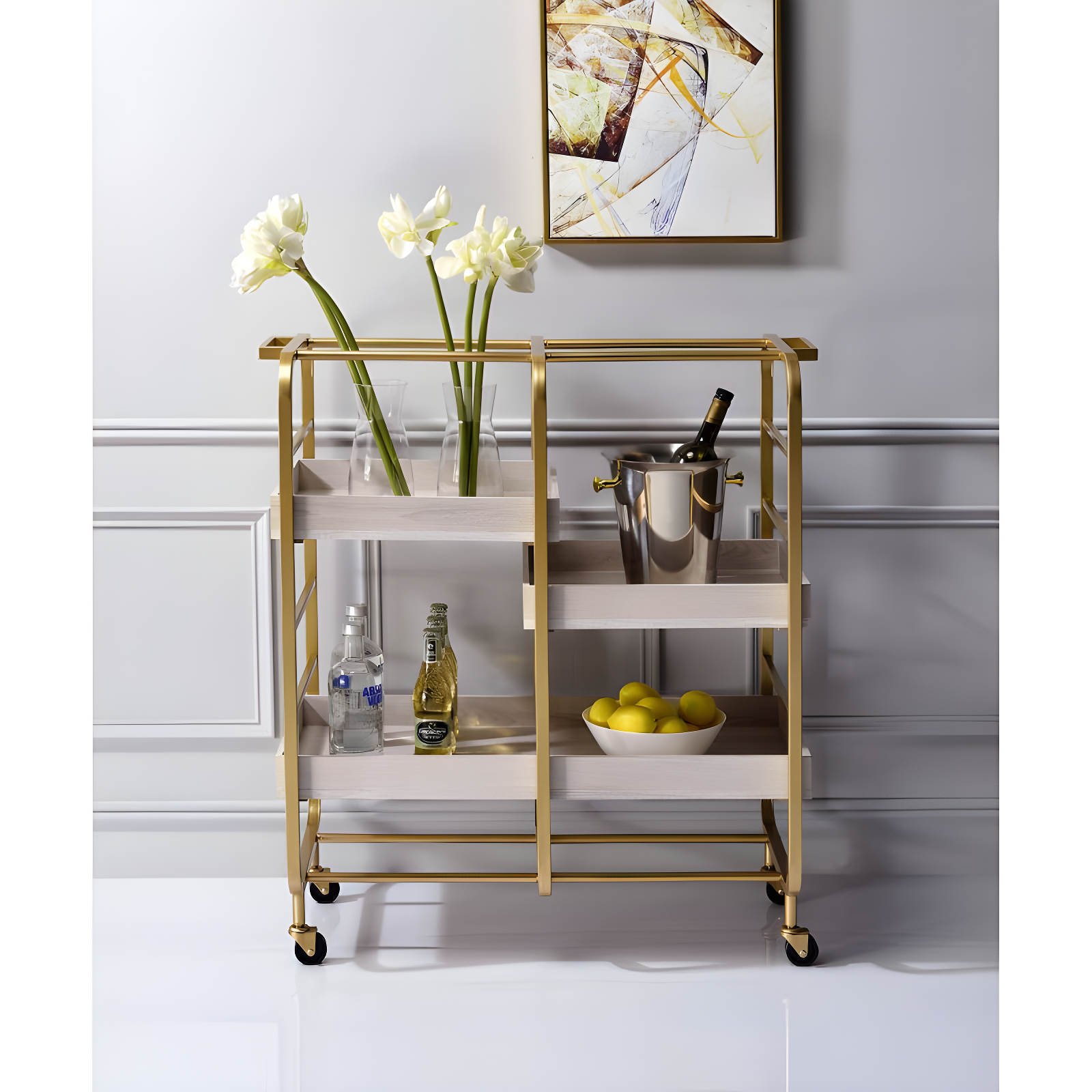 Vorrik Serving Cart Gold/White/Washed - Acme Furniture: Chic Industrial Drink Trolley with Fixed Shelves & Casters