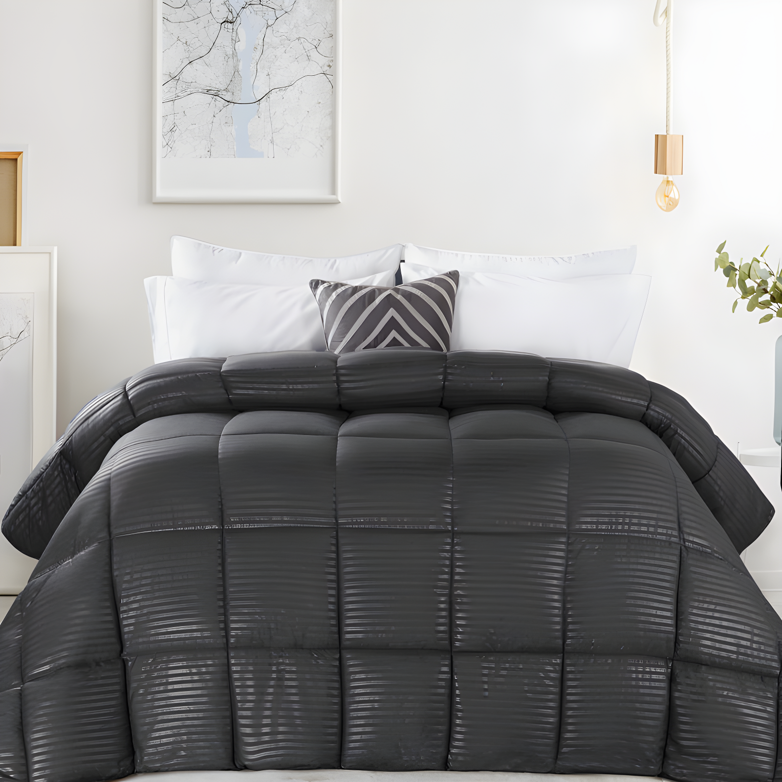 Striped Reversible Box-Quilt Brushed Microfiber Medium Weight Down Alternative Comforter