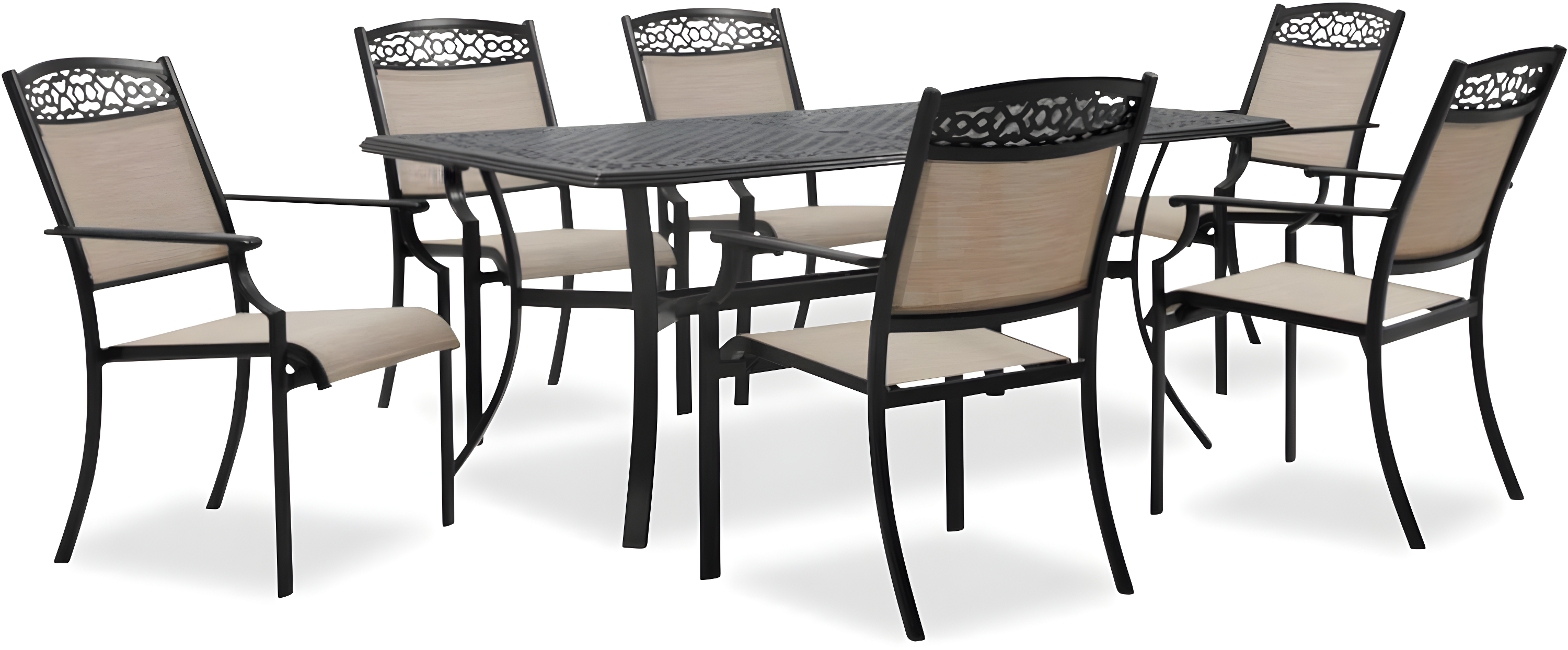 Hanover Lisbon 7-Piece Set: 6 Sling Stationary Chairs and 39 in. x 68 in. Cast-Top Dining Table in Tan, LISBON7PC-TAN