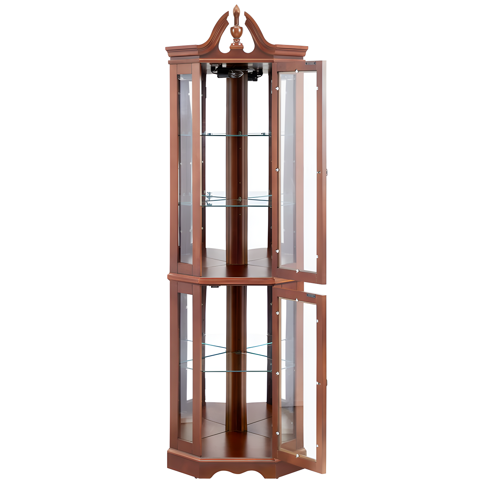 wendeway Walnut Corner Curio Cabinet With Lights,Adjustable Tempered Glass Shelves, Mirrored Back, Display Cabinet,Sideboard,Bookshelf