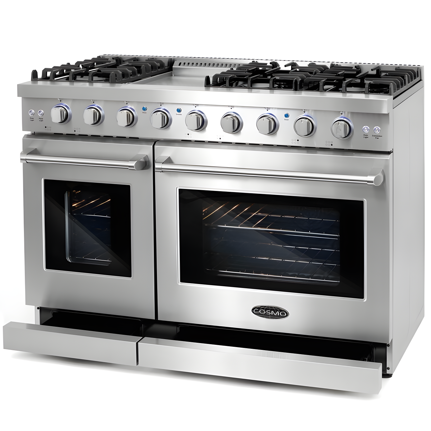 Cosmo 48 in. Haven Collection 7 cu. ft. Double Oven Gas Range, 6 Burners, Griddle, Convection, Knob LEDs, Stainless Steel