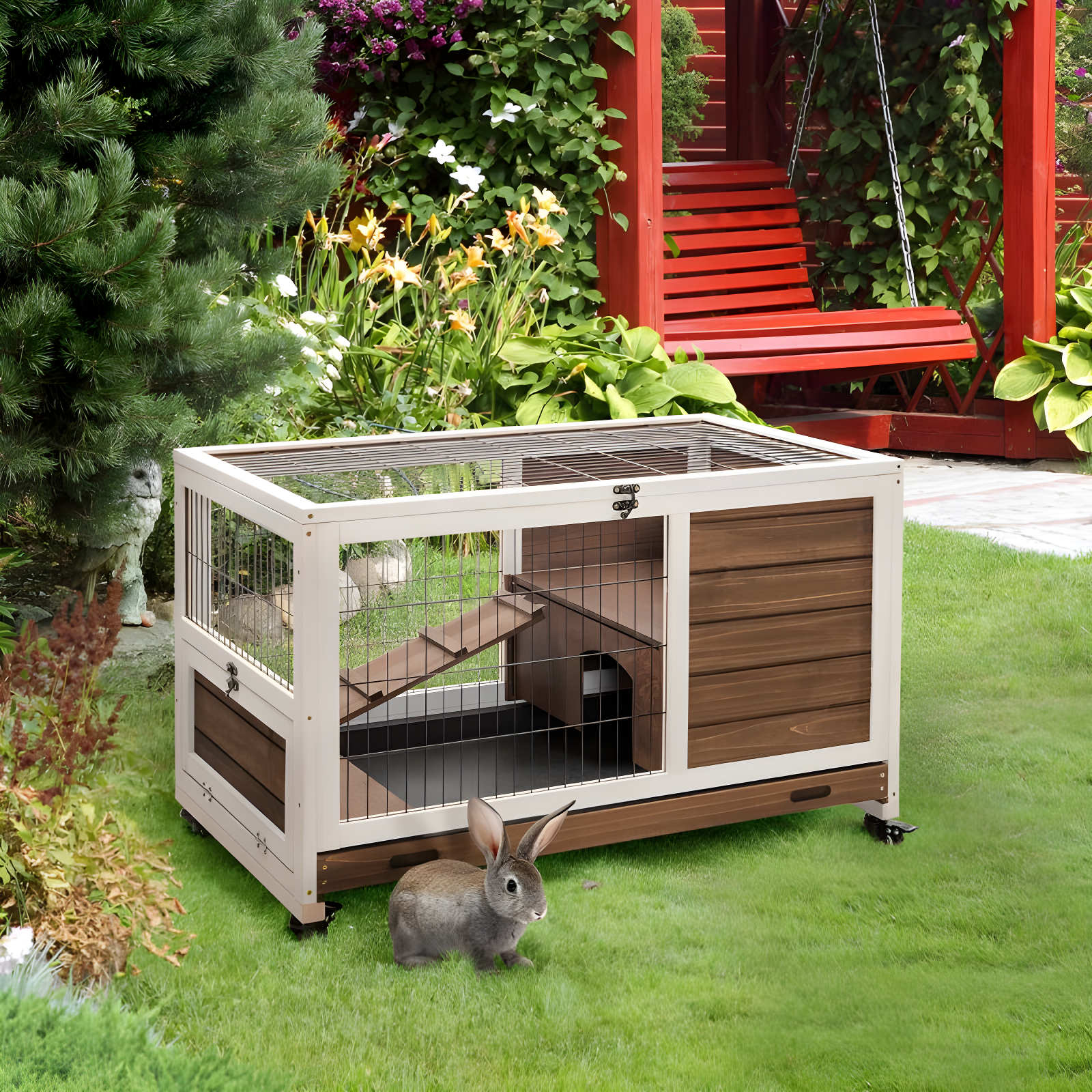 PawHut Wooden Indoor Rabbit Hutch Elevated Cage Habitat with No Leak Tray Enclosed Run with Wheels, Ideal for Rabbits and Guinea Pigs, Brown