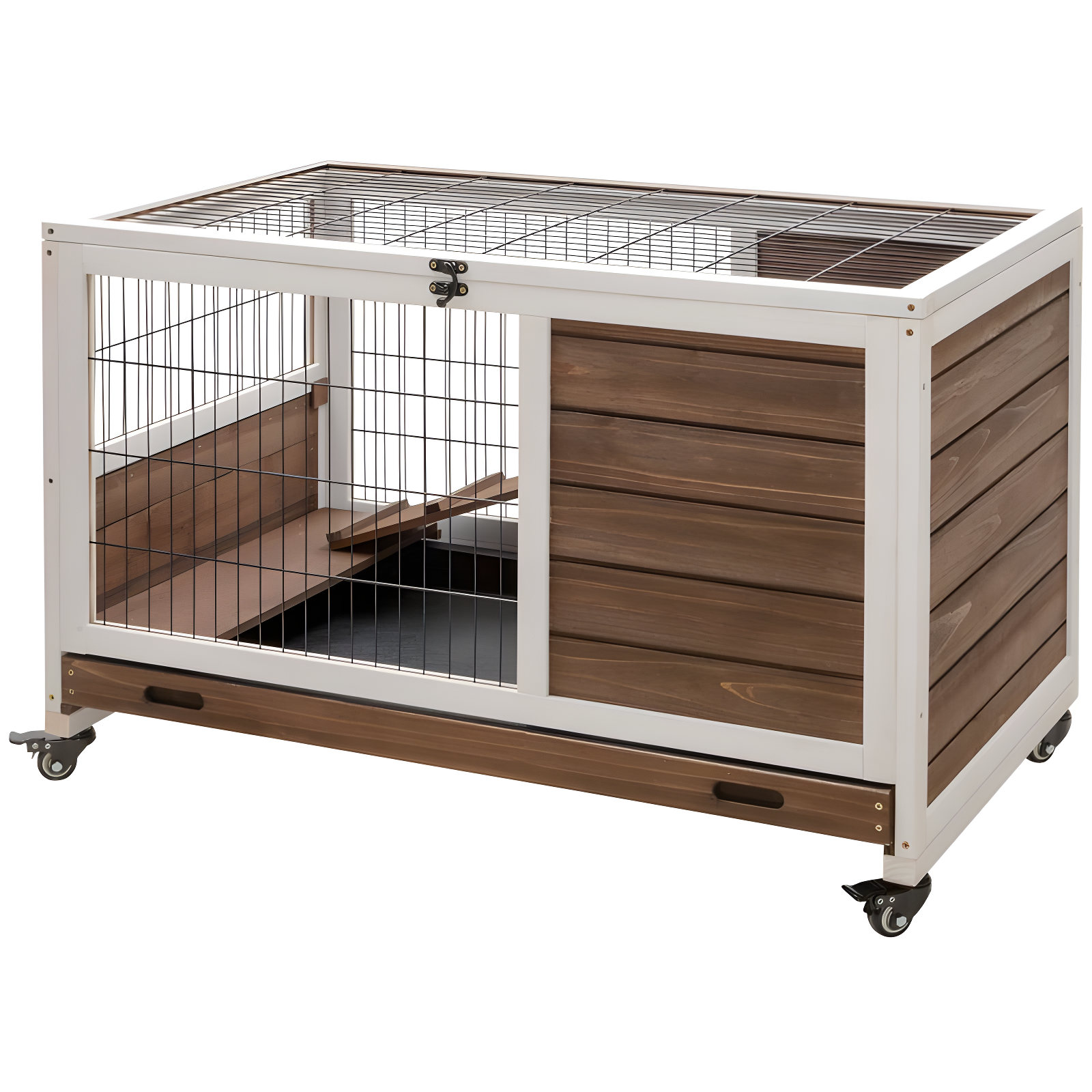 PawHut Wooden Indoor Rabbit Hutch Elevated Cage Habitat with No Leak Tray Enclosed Run with Wheels, Ideal for Rabbits and Guinea Pigs, Brown