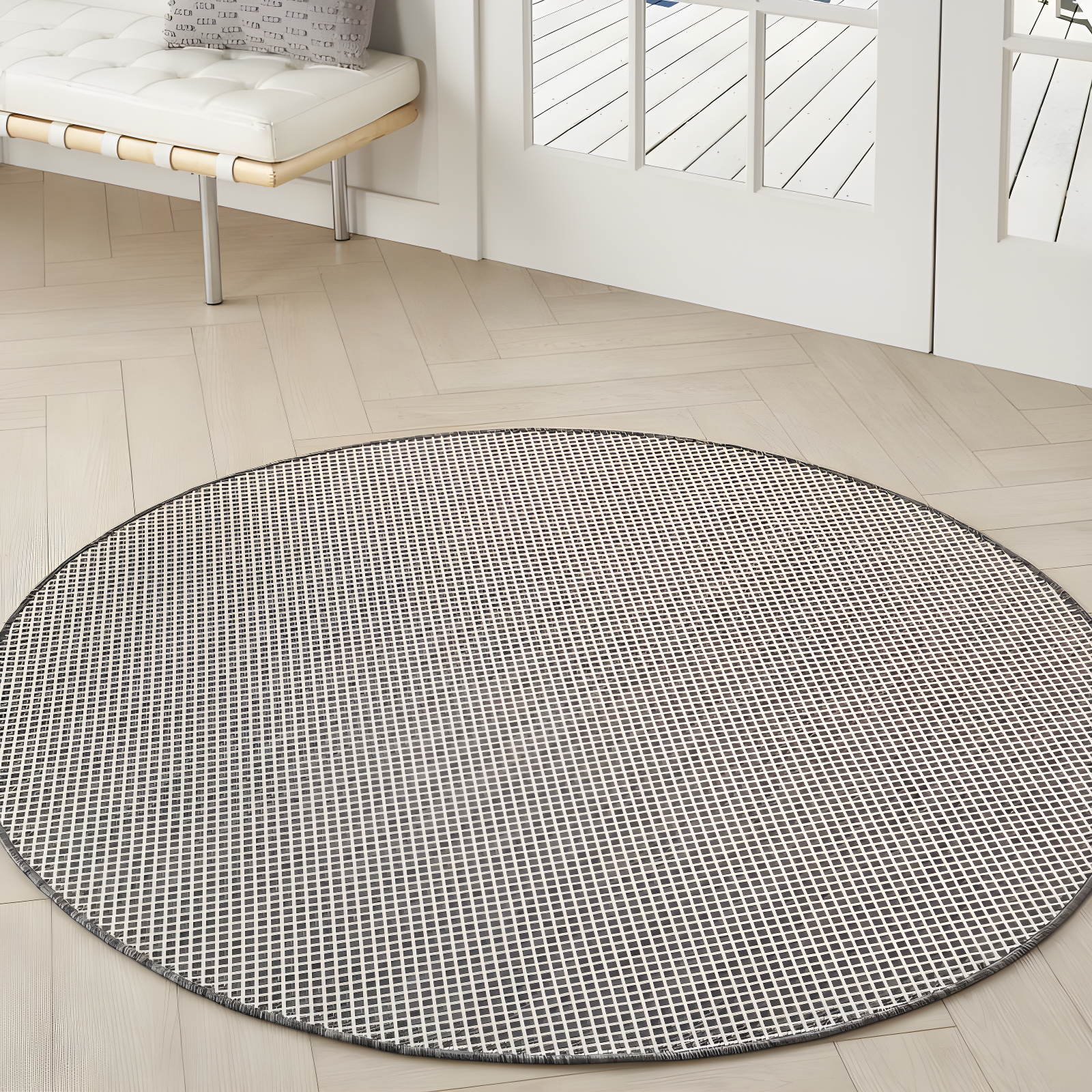 Nourison 4' x 4' Courtyard Modern Easy Care Flatweave Indoor Outdoor Round Rug Ivory/Charcoal
