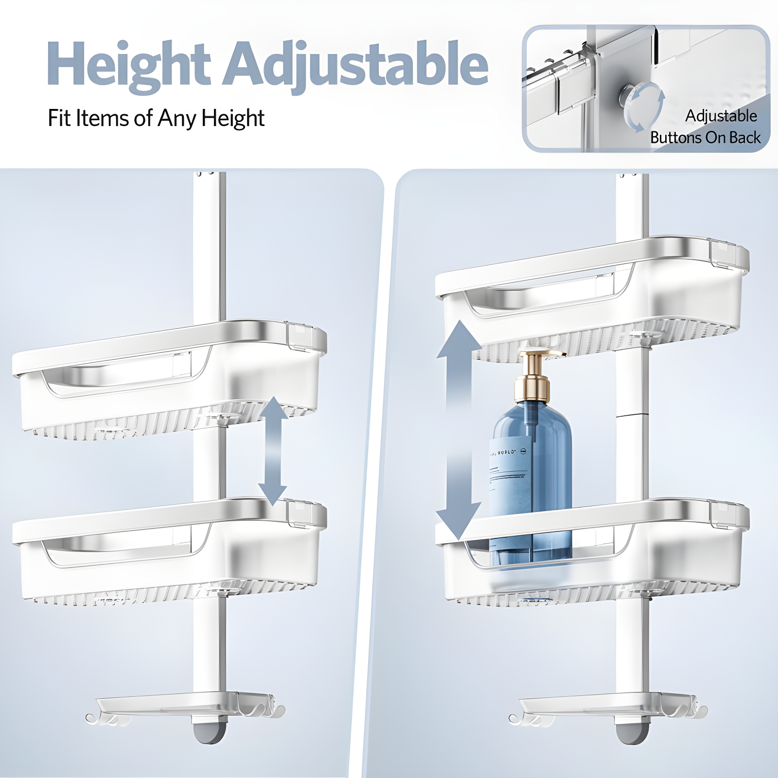 Adjustable-Shower-Caddy-Hanging, Rust Proof Shower Hanging Organizer, 3-Tier Aluminum Alloy + ABS, Large Capacity Shower Caddy Over-The-Showerhead With Hooks, Razor Holder, Soap Dish