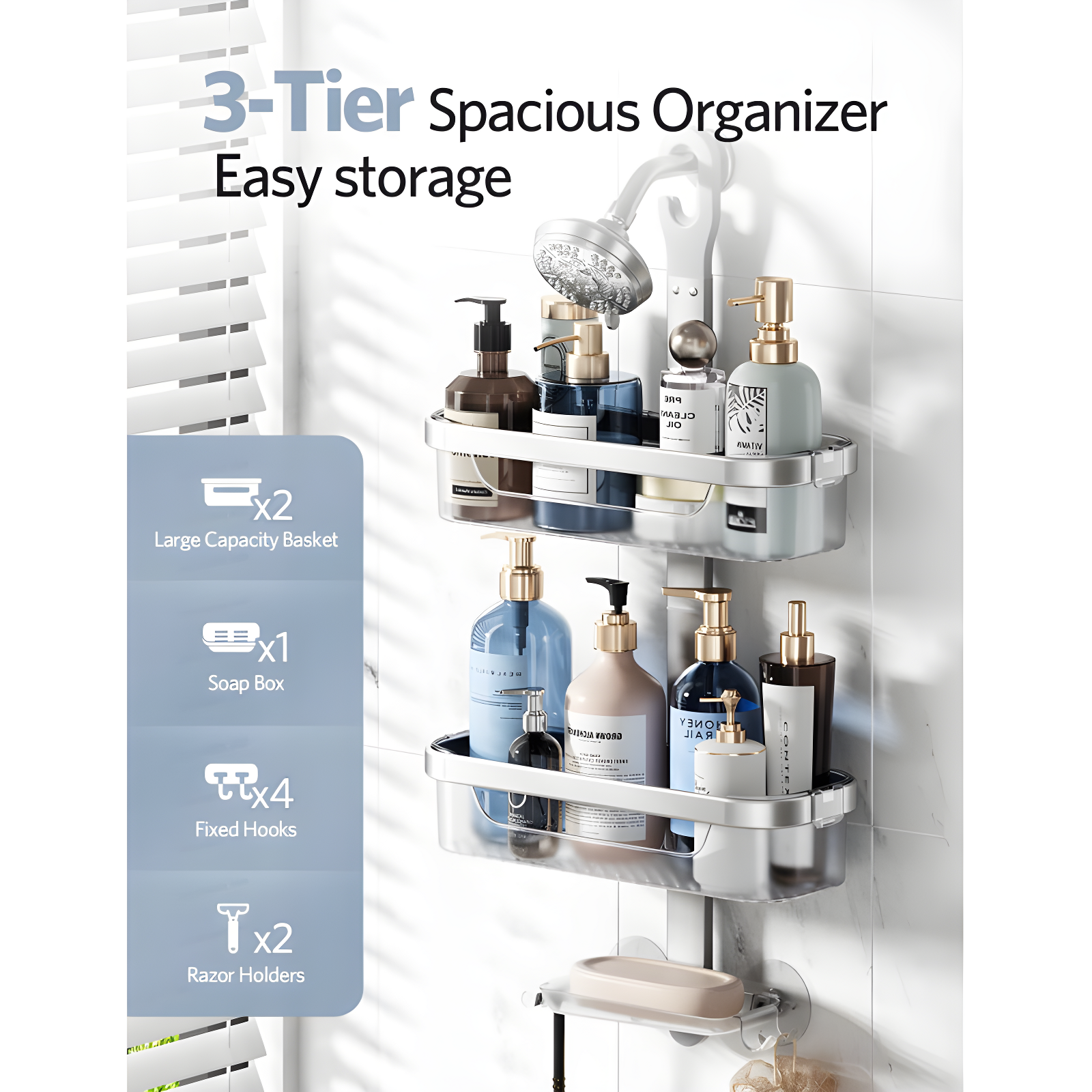 Adjustable-Shower-Caddy-Hanging, Rust Proof Shower Hanging Organizer, 3-Tier Aluminum Alloy + ABS, Large Capacity Shower Caddy Over-The-Showerhead With Hooks, Razor Holder, Soap Dish