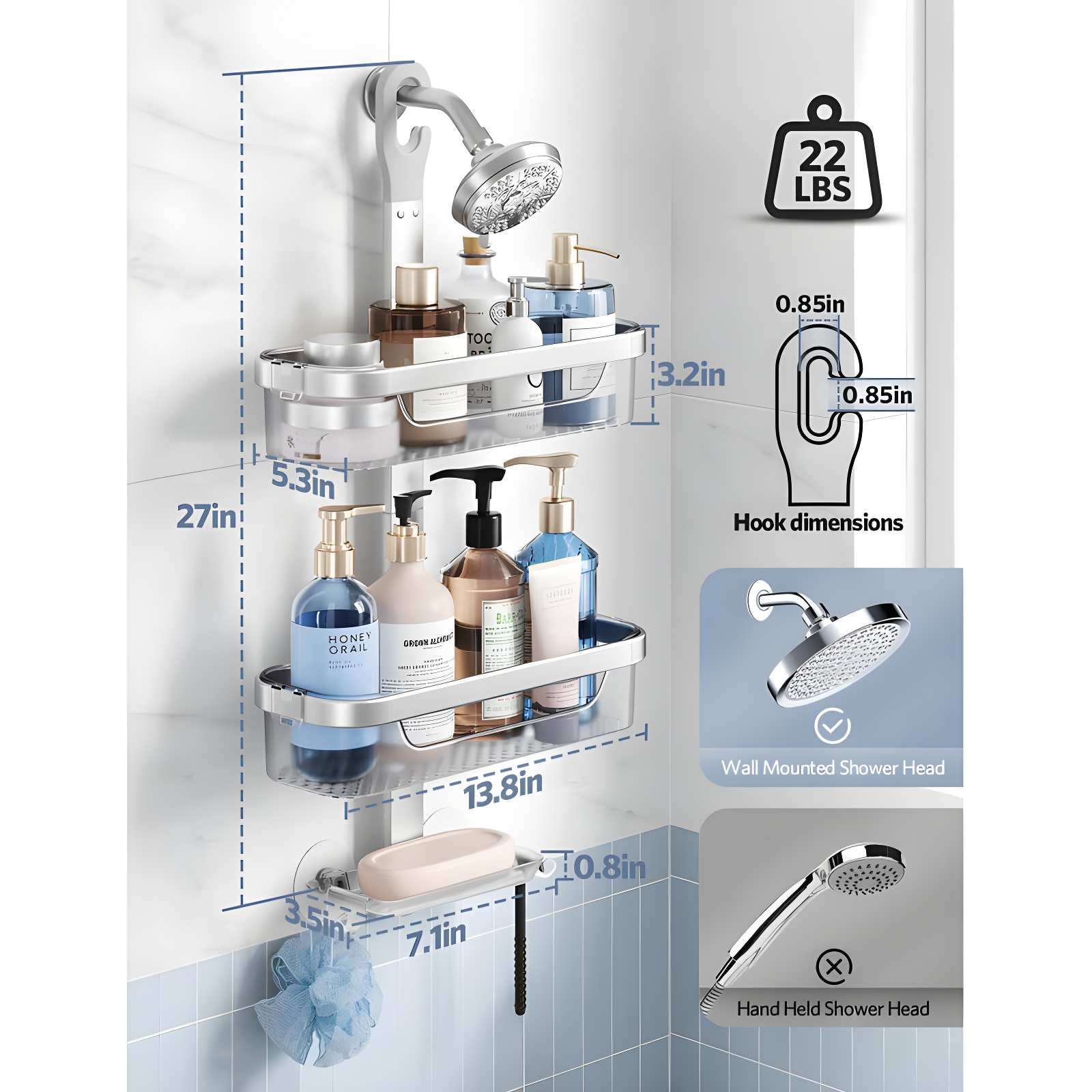 Adjustable-Shower-Caddy-Hanging, Rust Proof Shower Hanging Organizer, 3-Tier Aluminum Alloy + ABS, Large Capacity Shower Caddy Over-The-Showerhead With Hooks, Razor Holder, Soap Dish