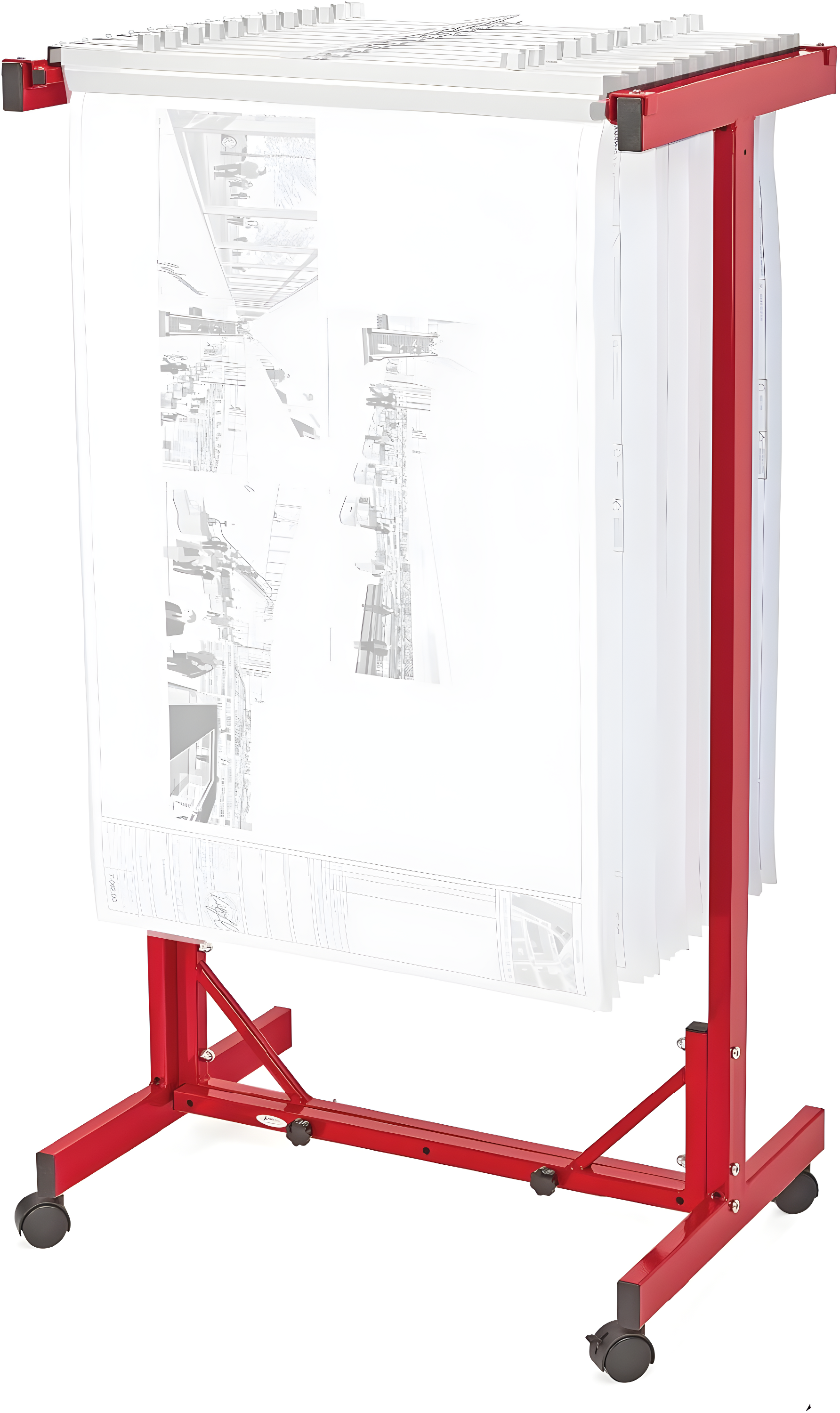 Red Heavy Gauge Steel Mobile Blueprint Rack with Adjustable Width