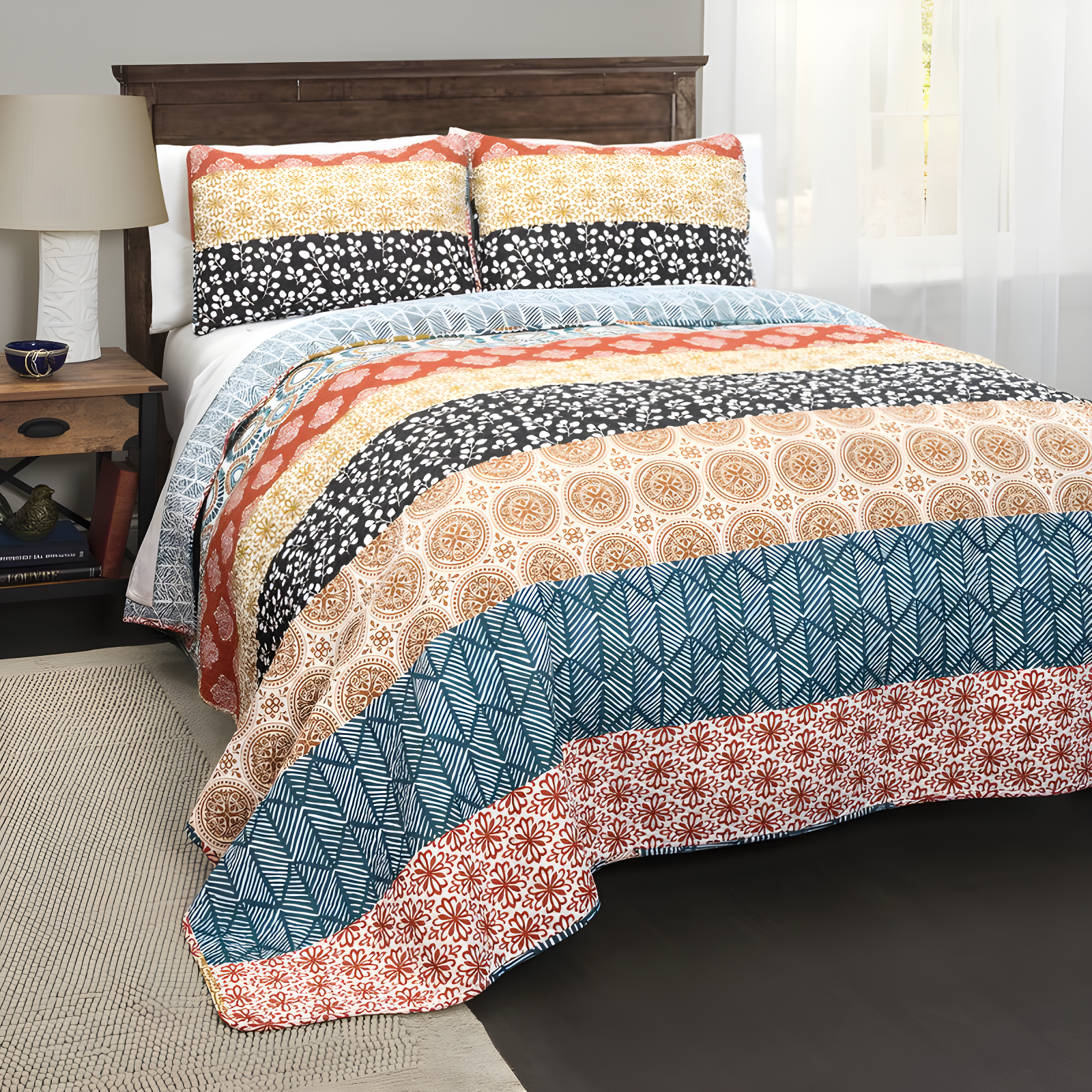 Bohemian 100% Cotton Reversible 3-Piece Quilt Set