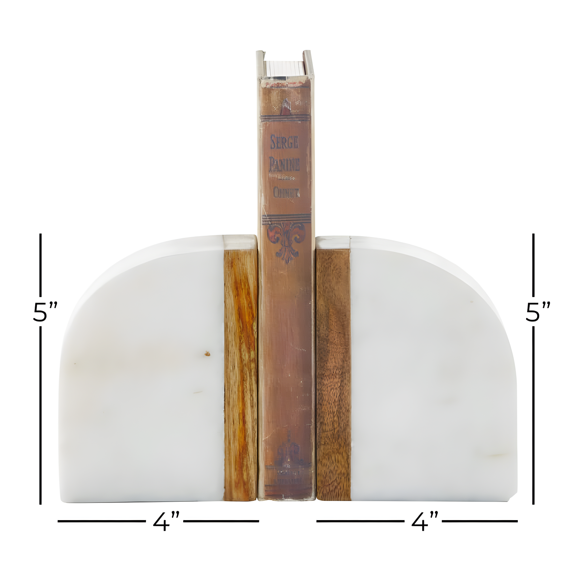 DecMode 4" 5 lbs White Marble Bookends with Wood Details (Set of 2)