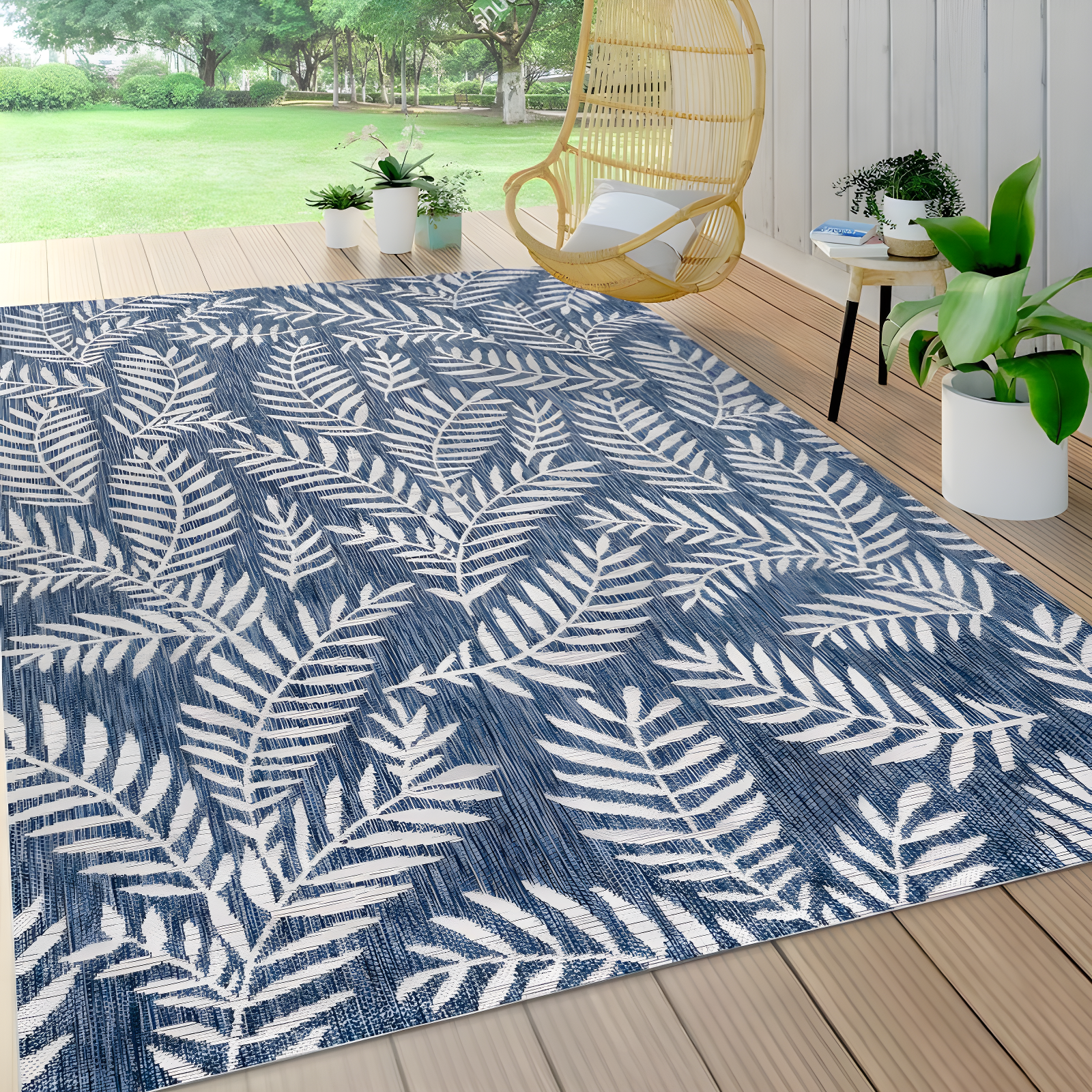 4'x6' Nevis Palm Frond Indoor/Outdoor Area Rug, Navy/Ivory - JONATHAN Y