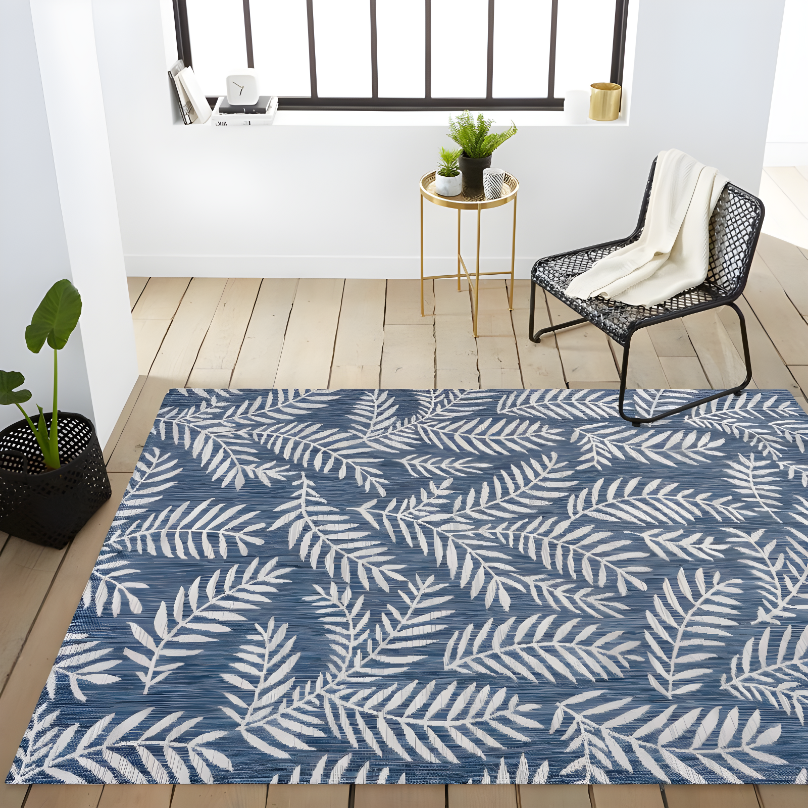 4'x6' Nevis Palm Frond Indoor/Outdoor Area Rug, Navy/Ivory - JONATHAN Y