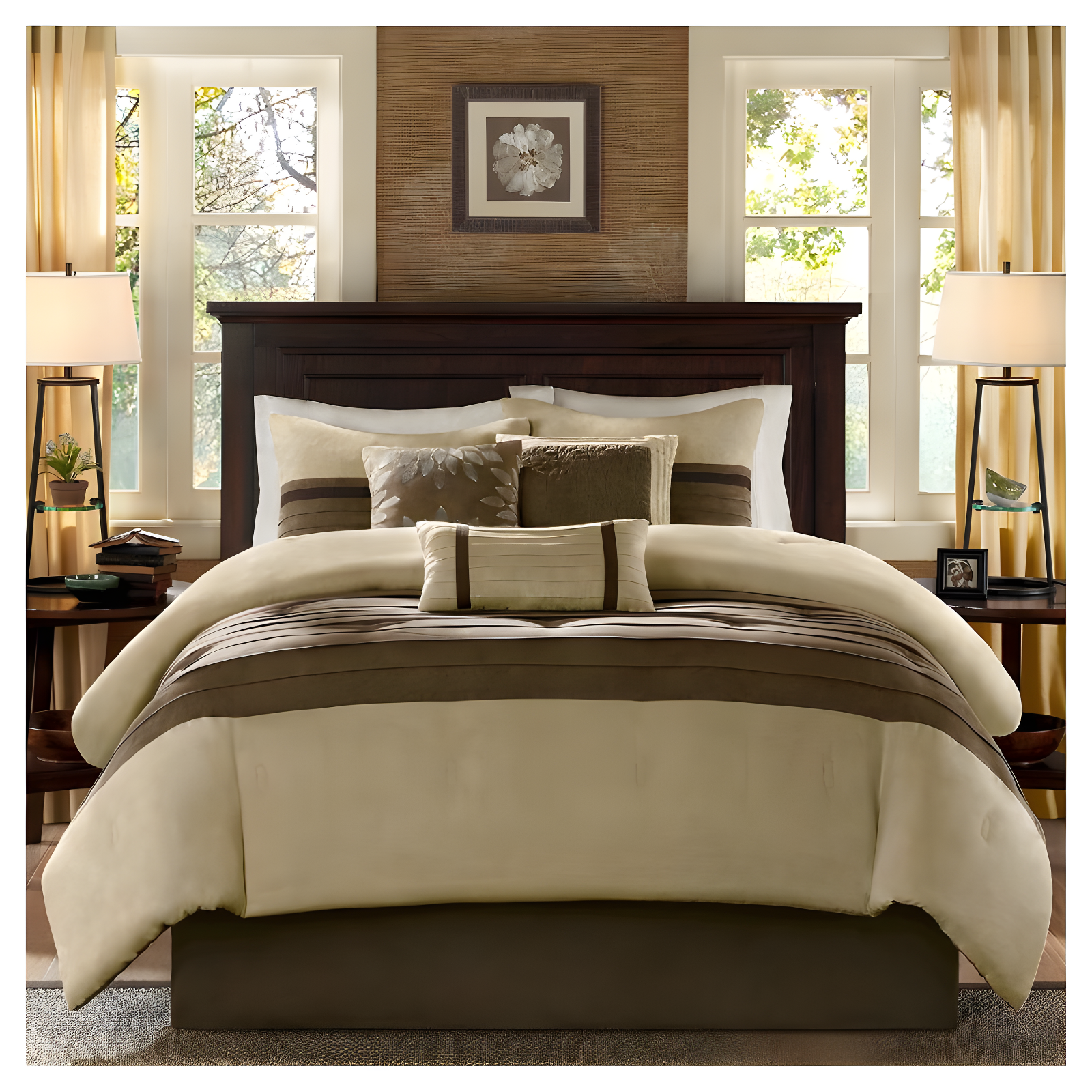 7pc Queen Dakota Microsuede Comforter Set Brown/Cream: Madison Park, Hypoallergenic, Farmhouse Style