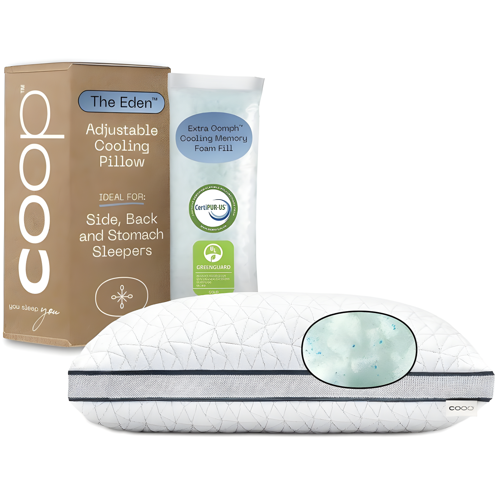 Coop Home Goods The Eden Cool Adjustable Pillow, Queen Size for Sleeping on Back, Stomach and Side Sleeper- Medium Soft Memory Foam Cooling Gel