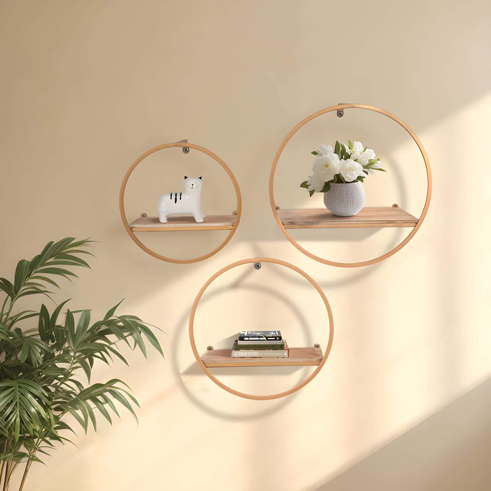 Sagebrook Home Set of 3 11.75"/13.75"/15.75" Elliptical Bronze-tone Metal and Brown Wood Wall Shelves for Wall Storage